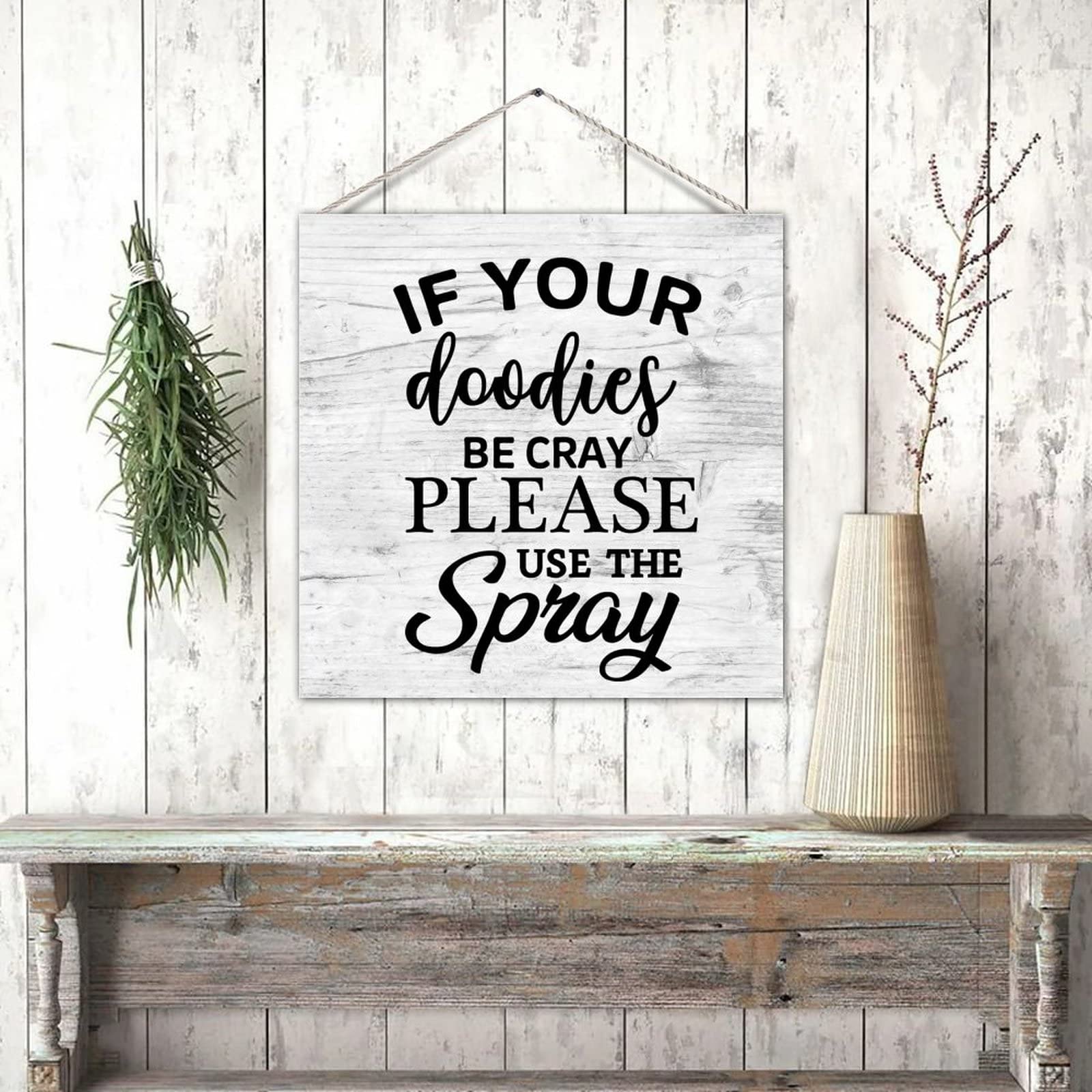 Farmhouse Bathroom Sign Plaque - Funny Wooden Wall Decor with 'If Your Doodies Be Cray Please Use The Spray' Quote - Rustic Toilet Wall Hanging for Bathroom Decor - Perfect for Powder Rooms, Guest Baths & Farmhouse Style Homes