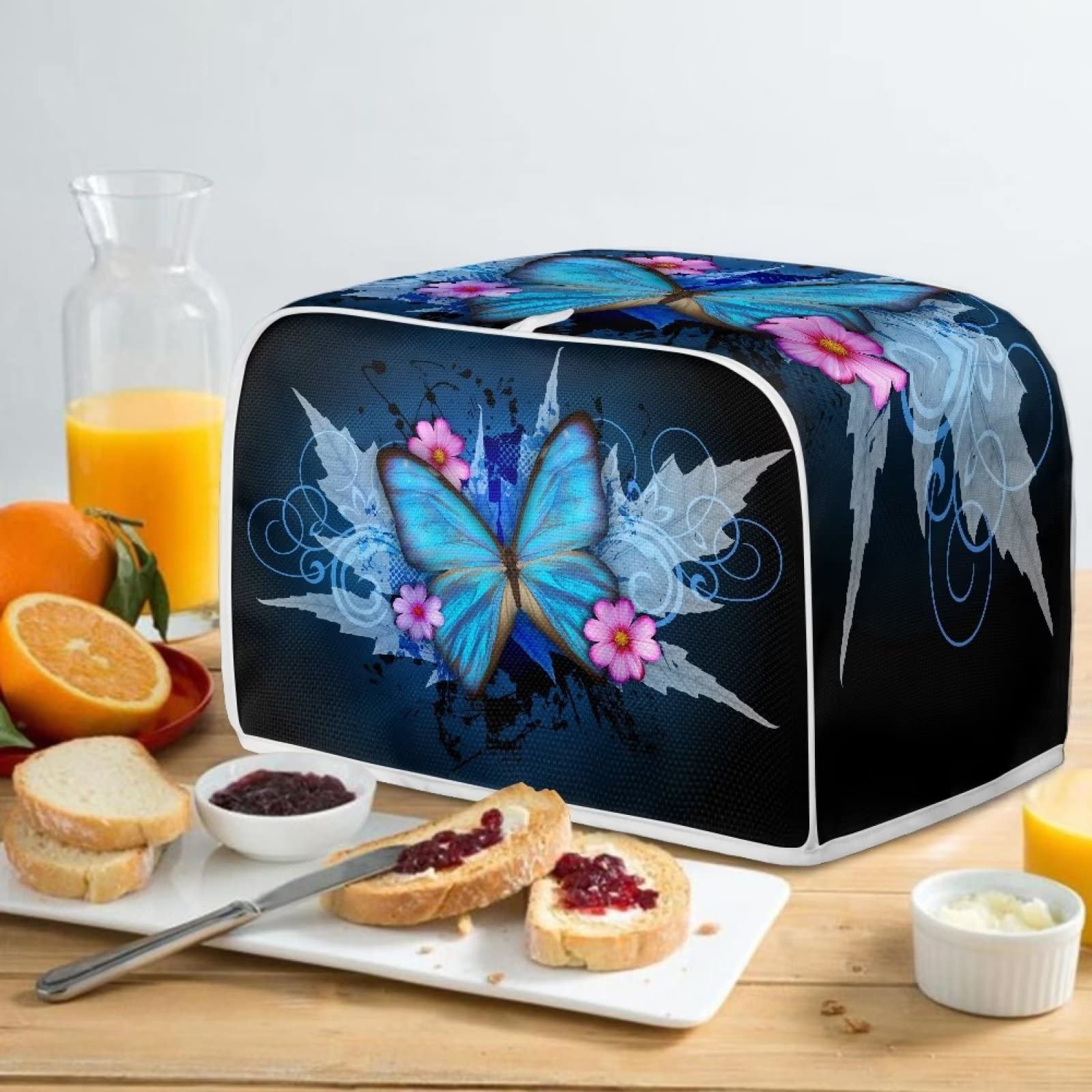 Xoenoiee Blue Butterfly Toaster Cover for 4 Slice Toasters - Washable Dust Protection Bag with Top Handle, Floral Leaf Pattern - Perfect for Kitchen Countertop, Small Appliance Protection & Home Decor