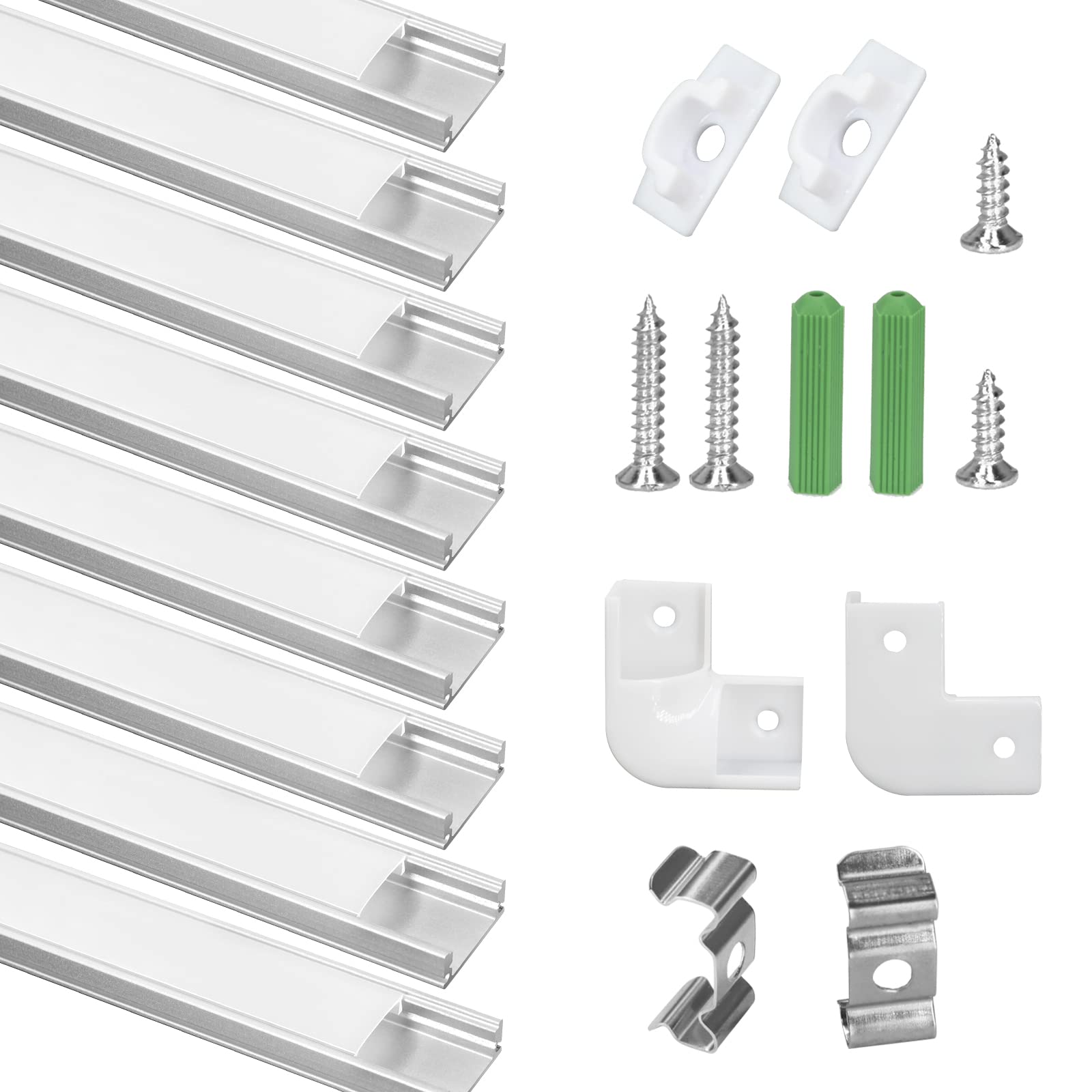 SENXINGYAN 8x1M LED Aluminum V-Shape Channel with Milky White Diffuser Cover, End Caps & Metal Mounting Clips - Silver (8×1M-U) - Perfect for Home, Office, and Commercial LED Strip Light Installation