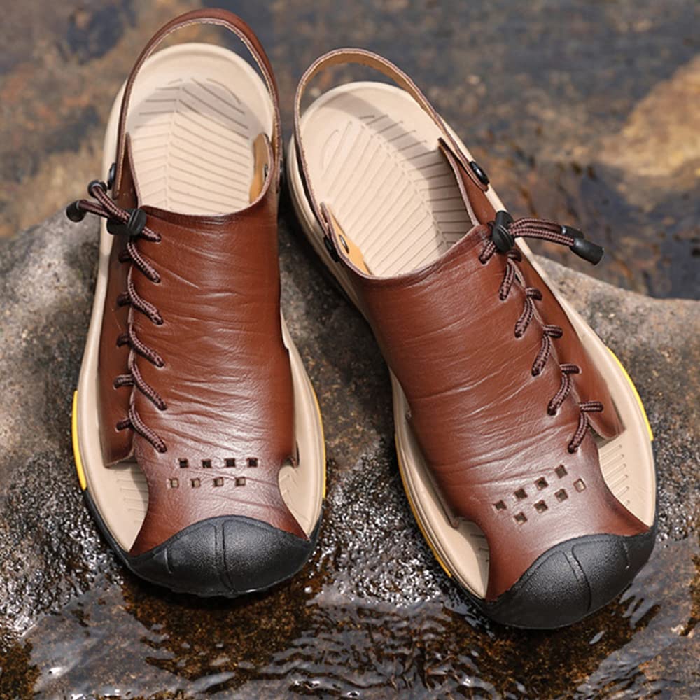 Recyphi Men's Closed Toe Sandals with Arch Support - Waterproof Leather Beach Shoes for Summer - Perfect for Walking, Travel & Outdoor Activities