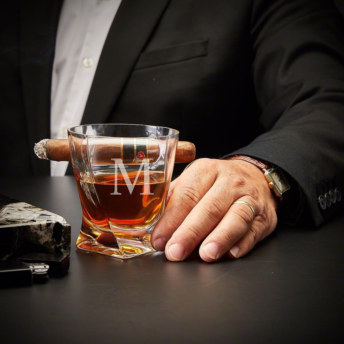 Premium Custom Engraved Twist Cigar Glasses with Spanish Cedar Humidor Set - Perfect for Whiskey & Cigar Lovers, Gifts for Men, Home Bar Accessories