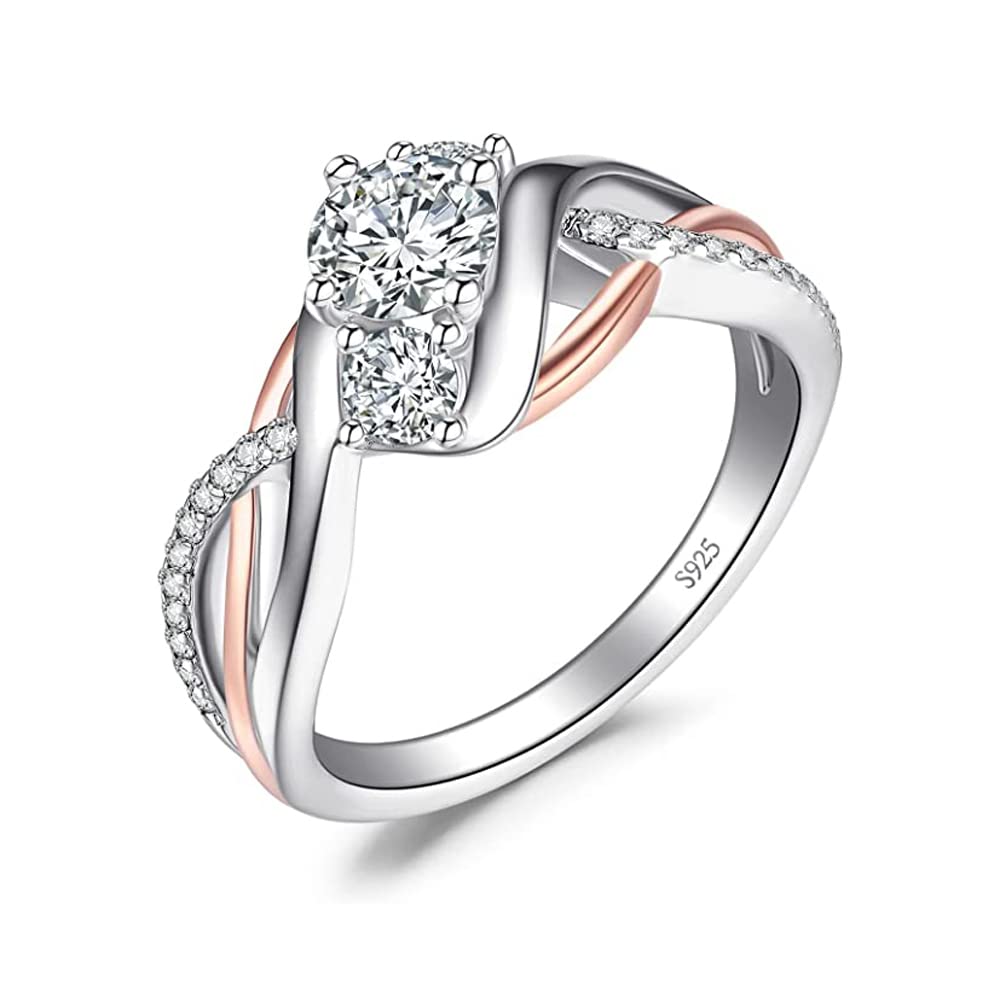 3 Stone Moissanite Engagement Ring for Women - Sterling Silver Two Tone Spiral Infinity Twisted Wedding Band - Anniversary Jewelry Gift for Her - Perfect for Proposals, Weddings & Romantic Occasions
