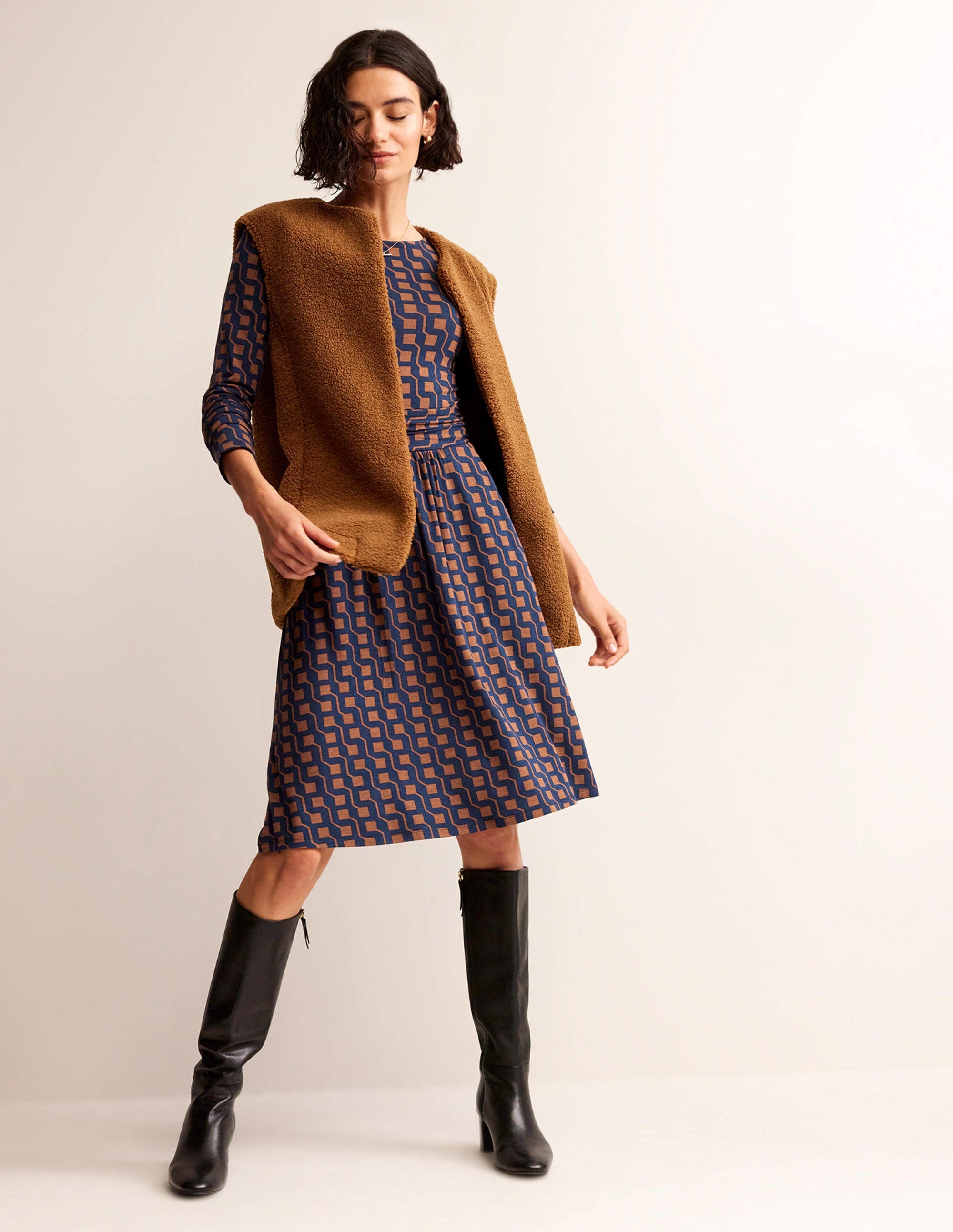 Abigail Jersey Dress in Cognac Brown - Geometric Cube Print Flowy Casual Dress for Women | Perfect for Summer Outfits, Beach Vacations, and Date Nights