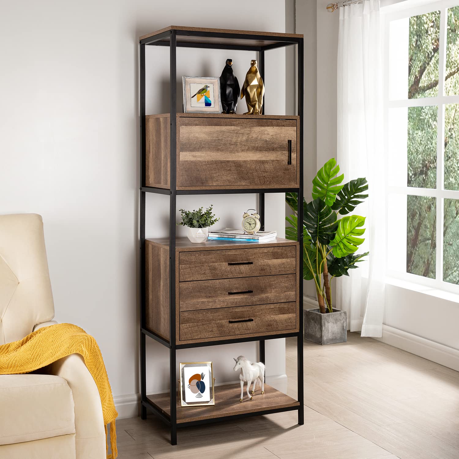 Naomi Home Parker Bookcase with Storage Shelves & Pullout Drawers - Modern Bookshelf Organizer with Metal Frame for Bedroom, Living Room, Office - Walnut Finish