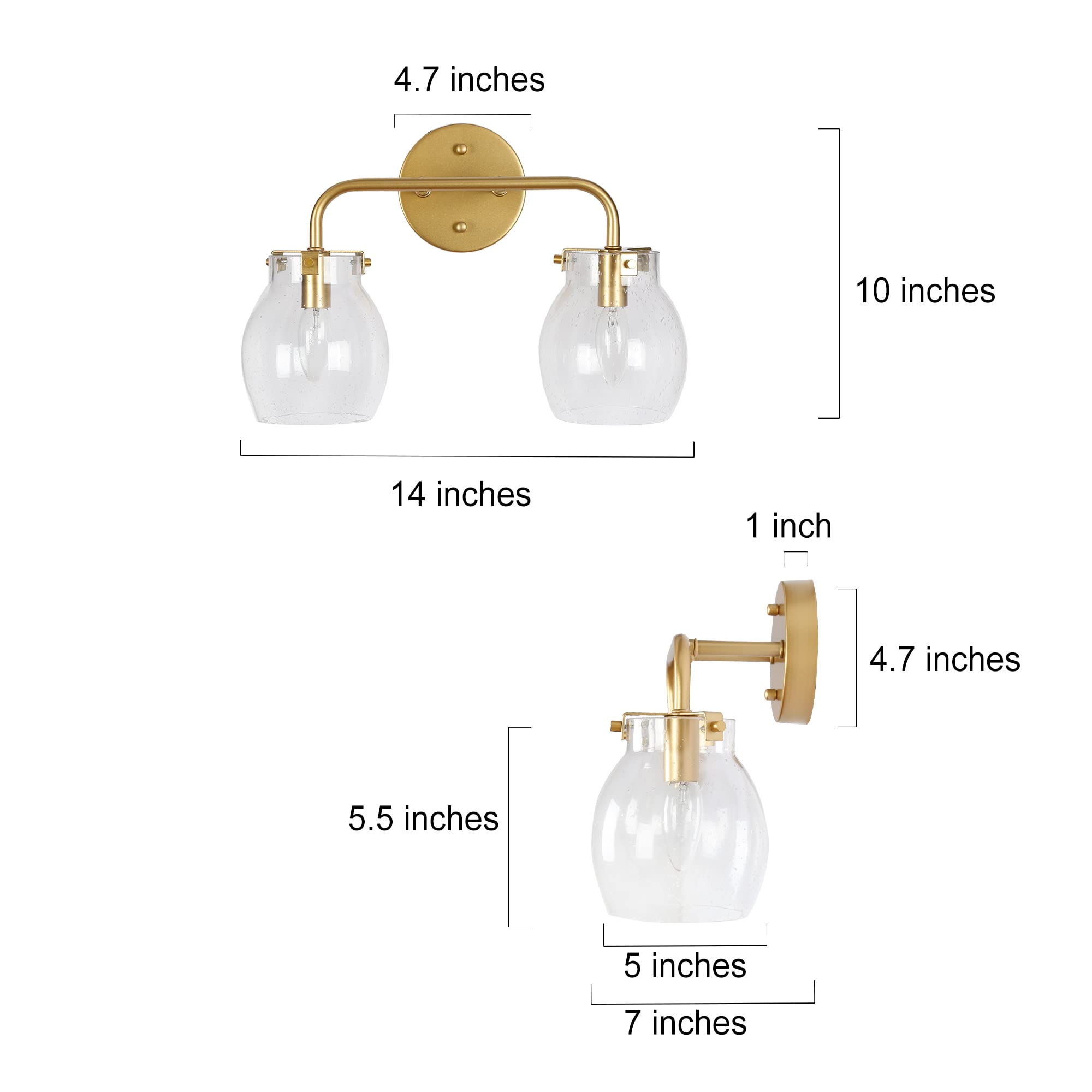 Durent Lighting Gold Vanity Lights - Modern Seeded Glass Bathroom Light Fixtures for Mirror (2 Light) - Perfect for Bathroom Vanity, Dressing Room & Makeup Area Lighting