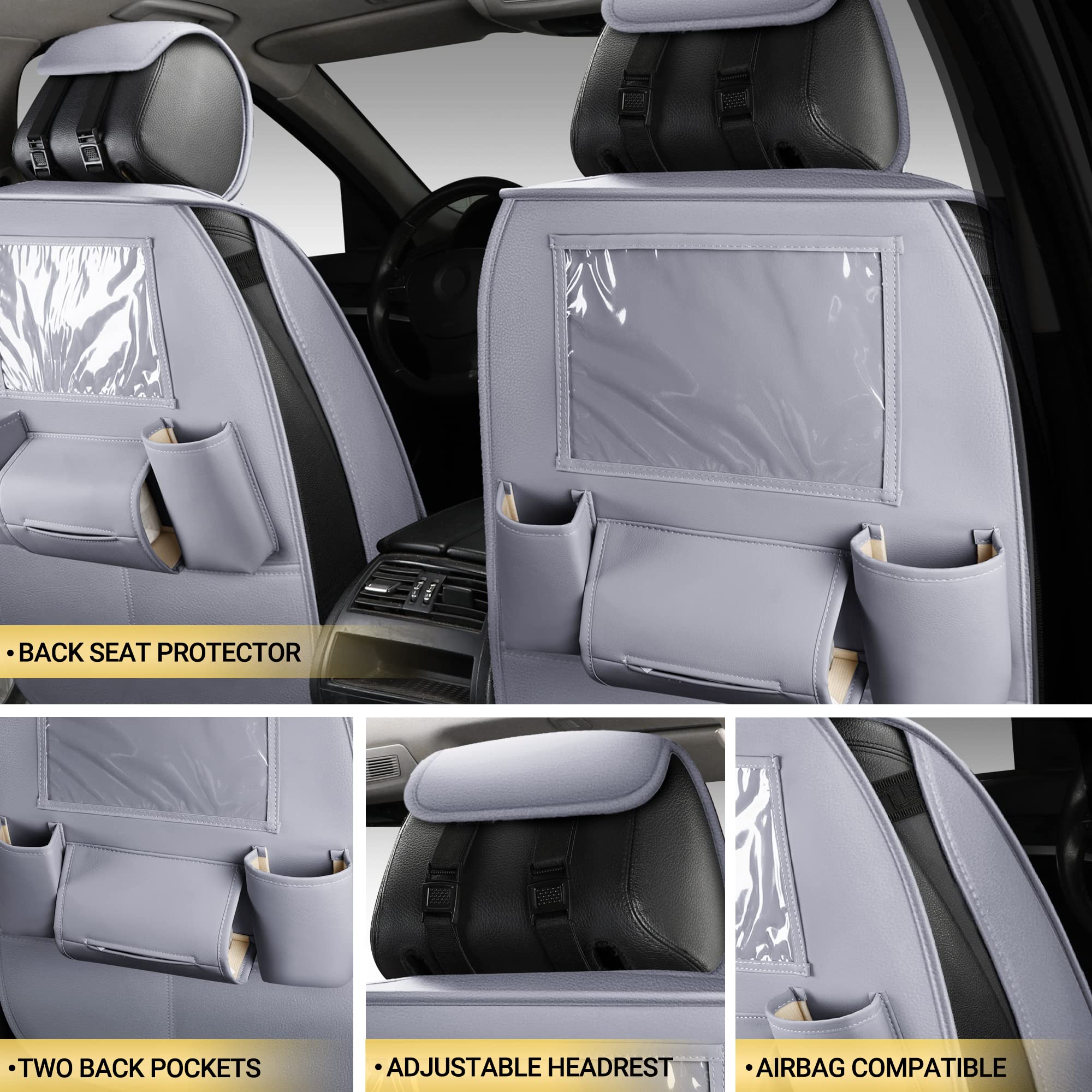 Premium AOOG Leather Car Seat Covers with Backseat Organizer - Universal Fit for Most Sedans, SUVs & Trucks (Full Set, Grey) - Protect & Upgrade Your Vehicle Interior for Daily Commute & Road Trips