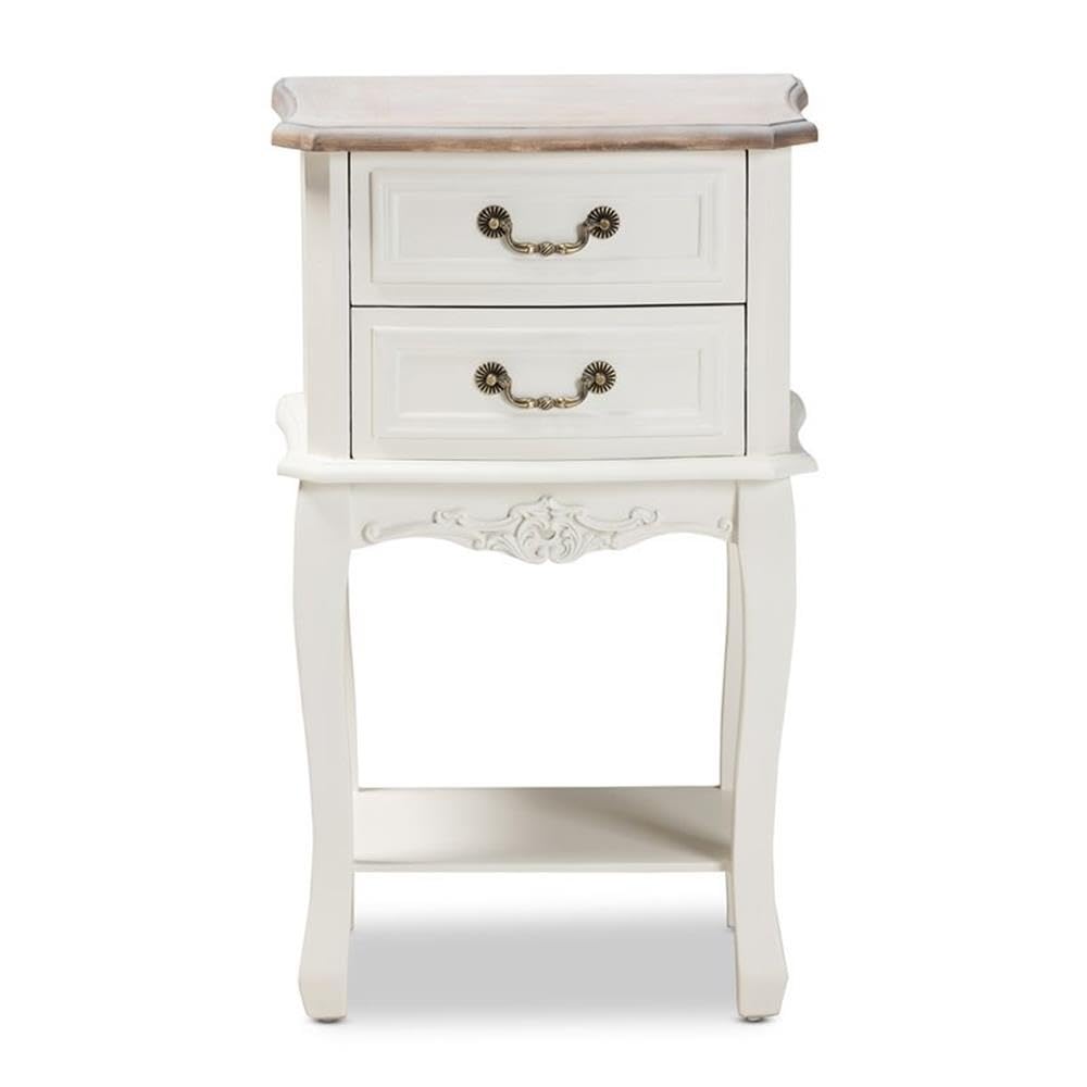 BOWERY HILL White Oak Wood Nightstand with 2 Drawers - Modern Bedside Table for Bedroom, Living Room, or Office Storage