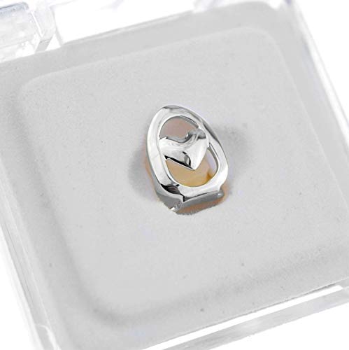 Silver Tone Open Face Heart Grillz - Single Cap Top Upper Canine Tooth Grill for Hip Hop Style with Teeth Mold | Perfect for Rappers, Performers & Jewelry Enthusiasts
