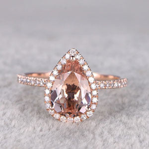 2 Carat Pear Shaped Morganite Engagement Ring with Diamond Halo - 14k Rose Gold Teardrop Promise Ring for Wedding, Proposal & Anniversary Gifts