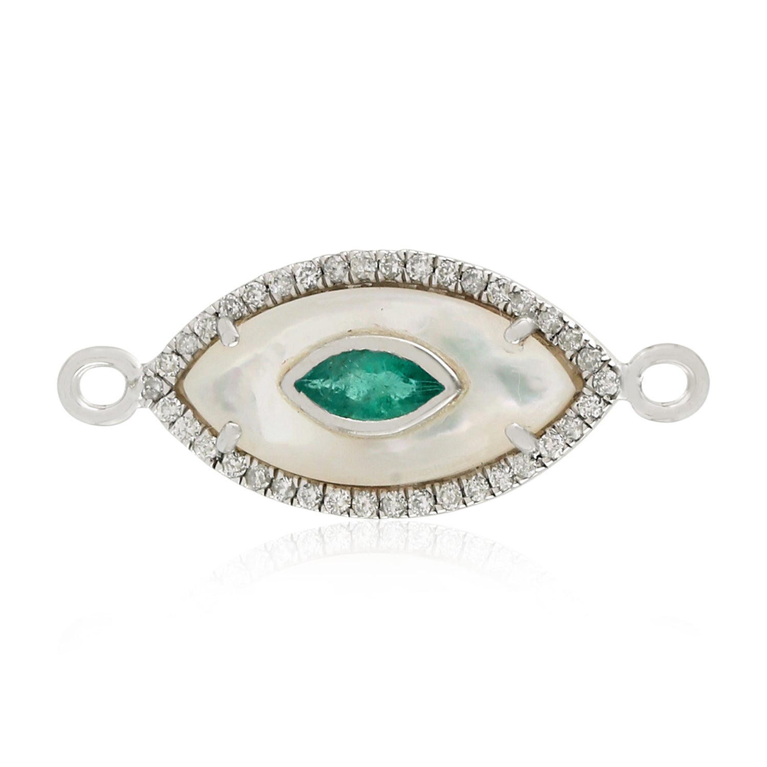 Marquise Cut Emerald Mother of Pearl Pave Diamond Evil Eye Connector Jewelry Finding - 14K White Gold for Necklace, Bracelet & DIY Jewelry Making