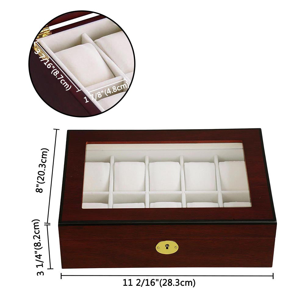 TheLAShop 10-Slot Wooden Watch Display Case with Glass Top - Perfect for Jewelry Stores, Watch Collectors, and Home Decor