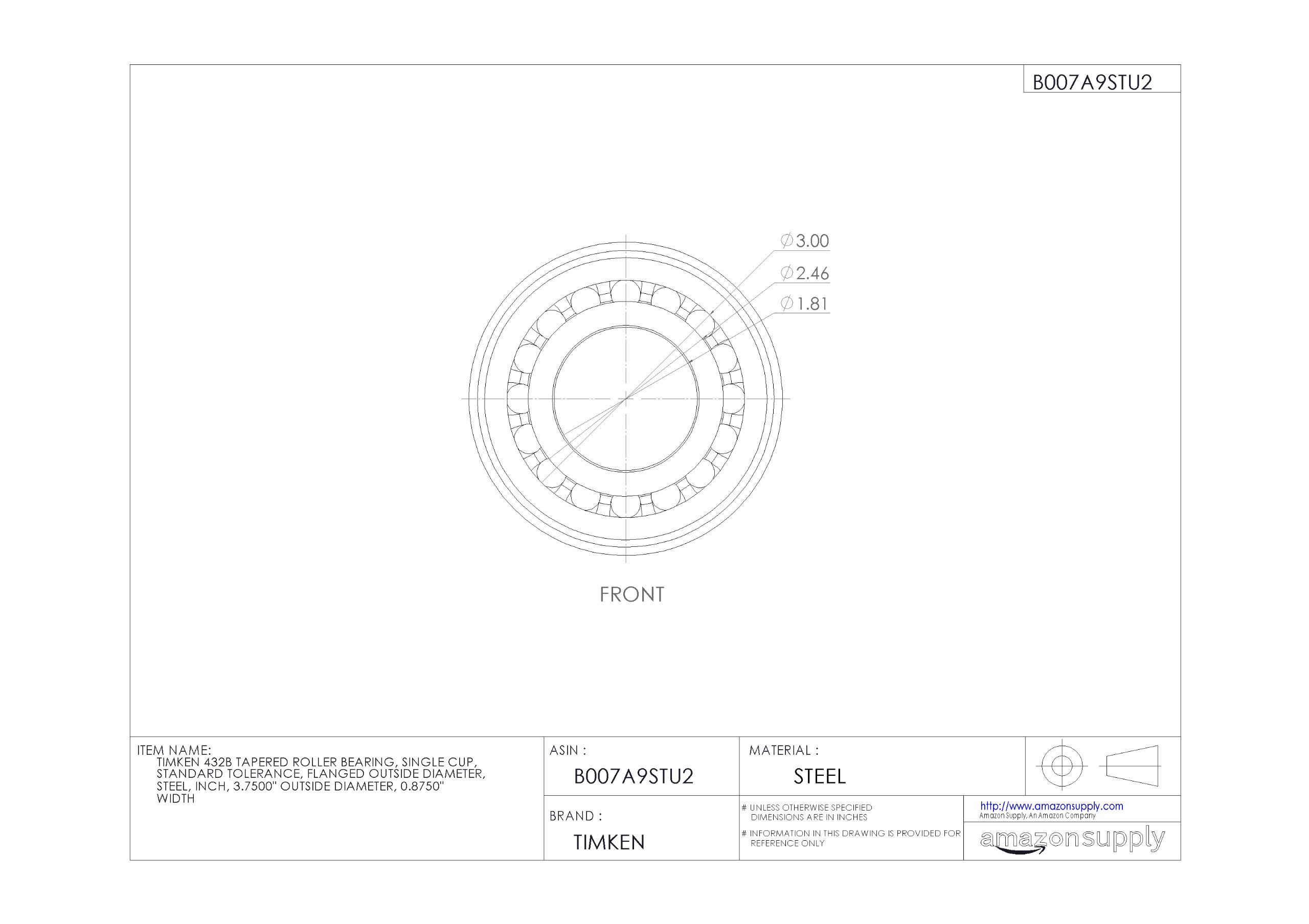 Timken 432B Tapered Roller Bearing - Single Cup, Steel Construction, 3.75