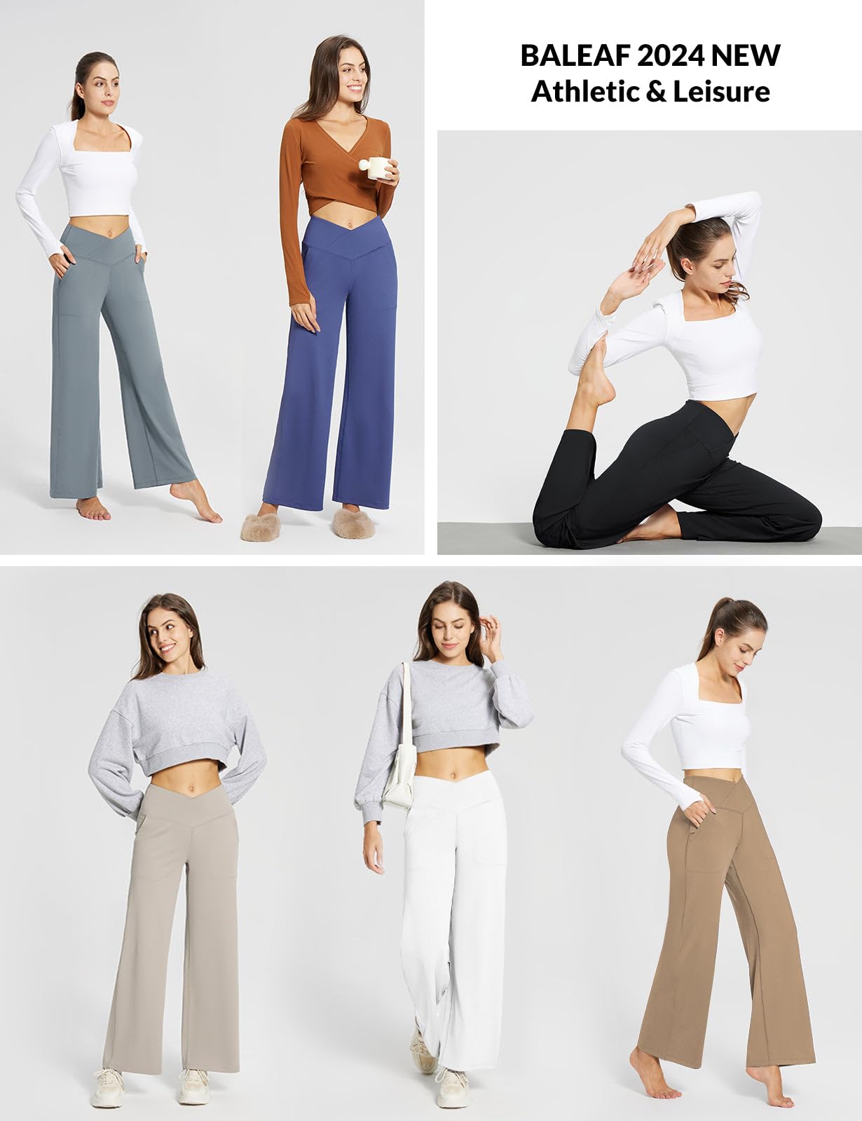 Baleaf Women's Wide Leg Yoga Pants - High Waist Travel Pants with Pockets, Plus Size Loose Dress Pants Full Length for Yoga, Workout & Casual Wear