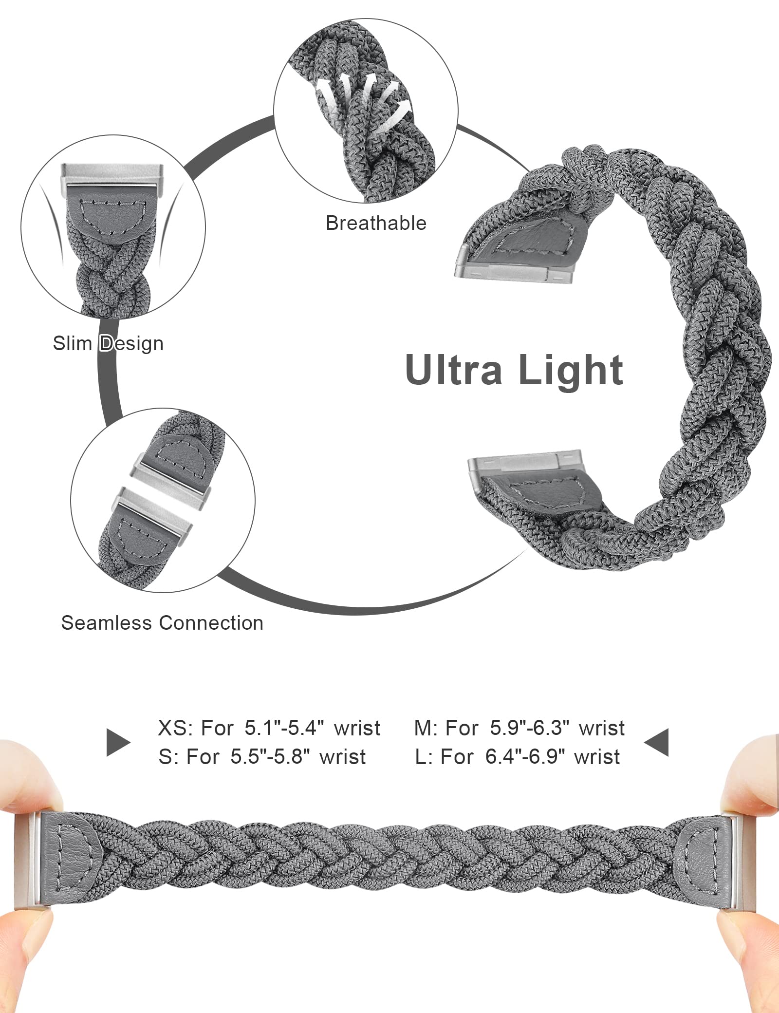 Elastic Braided Strap for Fitbit Sense/Versa 3/4 & Sense 2 - Slim Solo Loop Stretch Woven Wristband for Women - Grey, Medium - Perfect for Workouts, Running & Everyday Wear