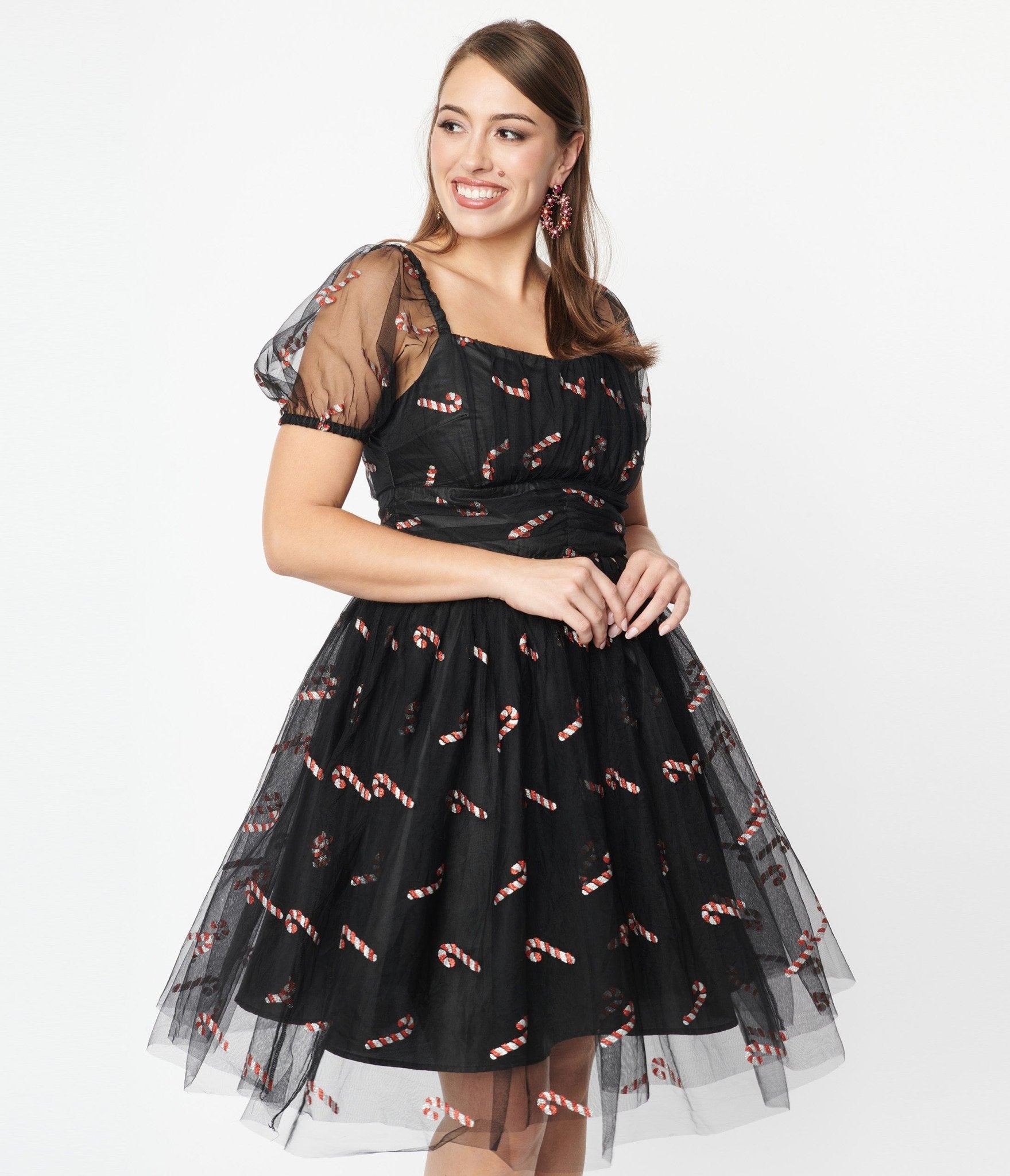 Vintage Black & Glitter Candy Cane Babydoll Dress - Retro Holiday Party Dress for Christmas, Festive Outfits & Special Occasions