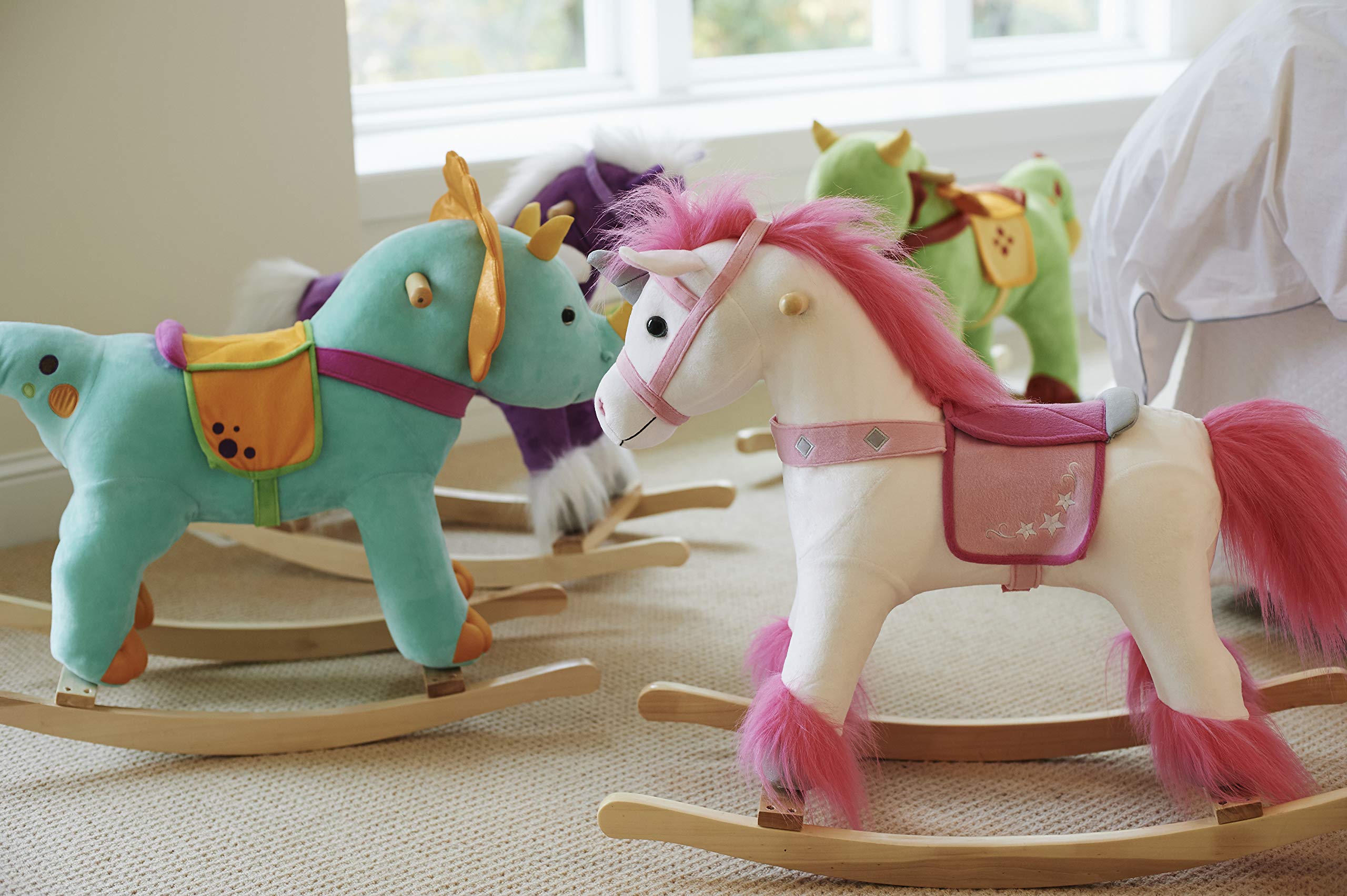 White and Pink Unicorn Wooden Ride-On Rocker Toy for Kids Ages 3+ | Real Wood Plush Rocking Horse | Perfect for Nursery, Playroom & Gift for Toddlers