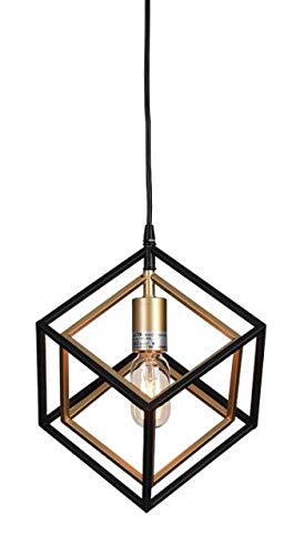 11 Inch Two-Tone Square Metal Cube Mini Pendant Light - Bronze & Oil Brass Geometric Cage Cubist Hanging Ceiling Lamp - Perfect for Loft, Hallway, Dining Room, Bedroom & Modern Interior Decor