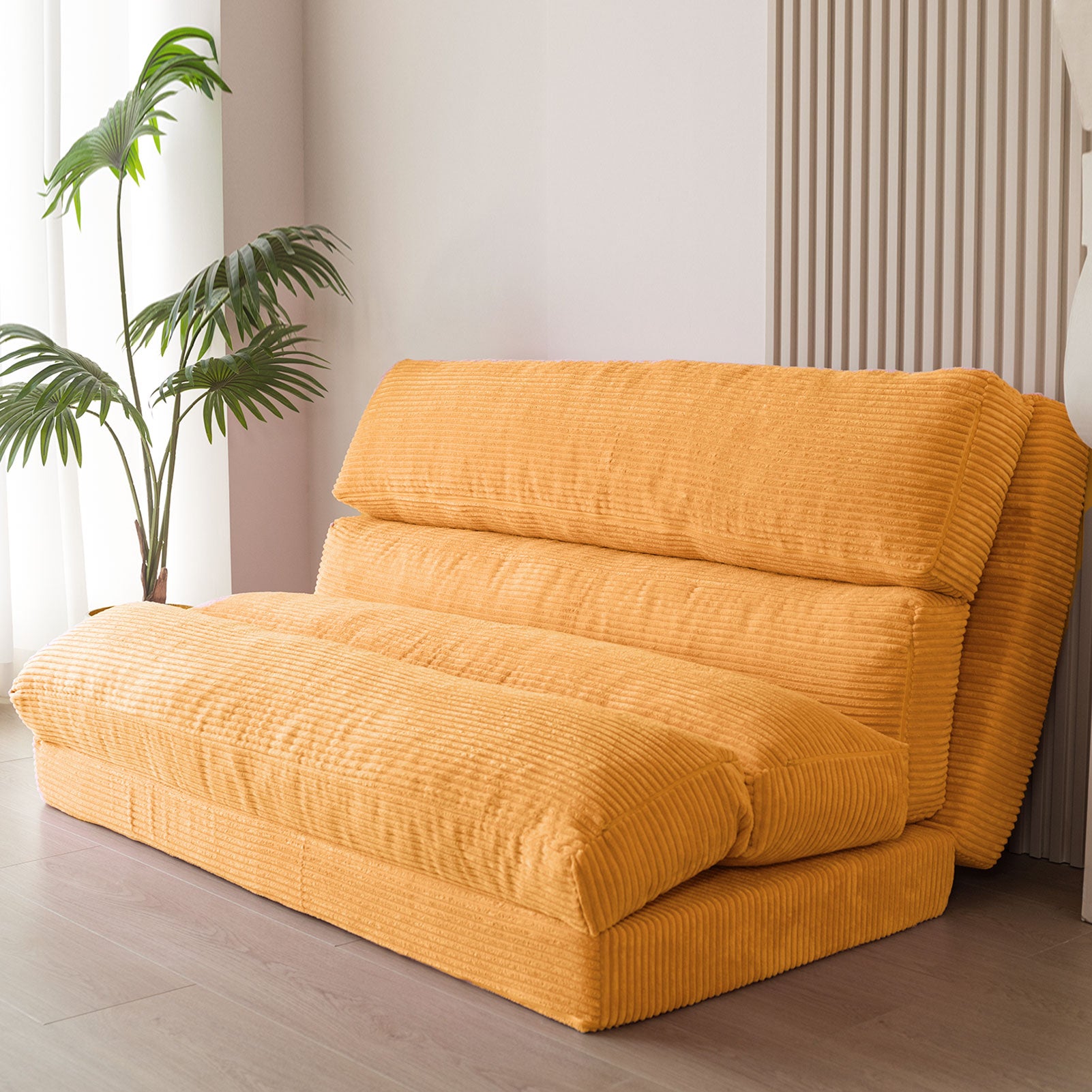 MAXYOYO Corduroy Extra Wide Foldable Bean Bag Sofa Bed - Convertible Floor Mattress for Living Room, Bedroom & Guest Room (Orange)