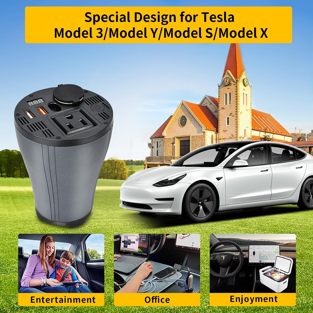 150W Car Power Inverter DC 14V to 110V AC Converter with Dual USB Quick Charge 3.0 & AC Outlets - Cup Holder Design for Tesla & 12V Vehicles - Type C LED Display & Cigarette Lighter - Perfect for Road Trips, Camping & Charging Laptops/Phones in Car