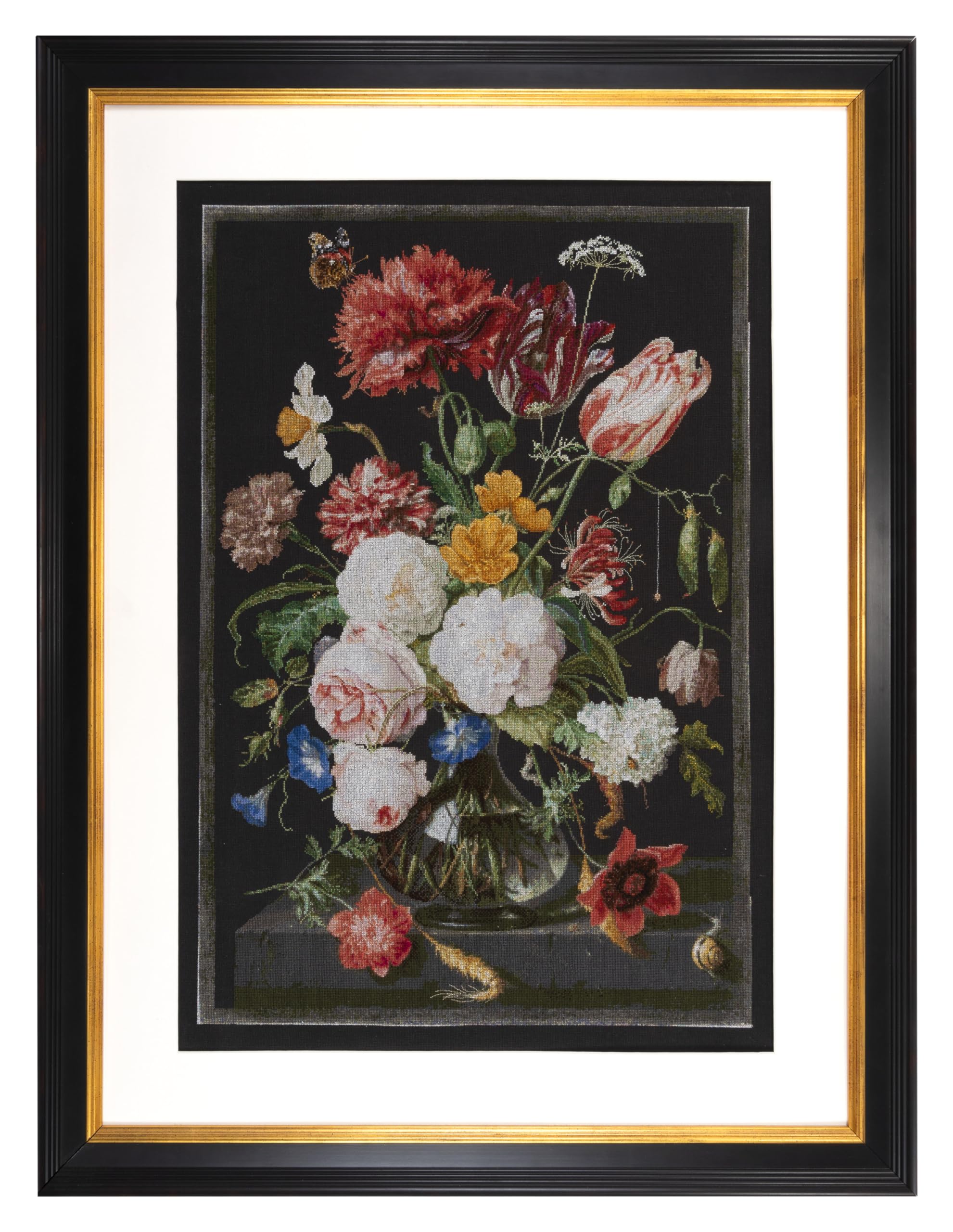 Thea Gouverneur Counted Cross Stitch Kit - Still Life with Flowers in Glass Vase - 18 Count Black Aida Fabric - Complete Embroidery Kit for Adults with DMC Threads & Supplies (785.05) - Perfect for Home Decor, DIY Gifts & Relaxing Craft Projects