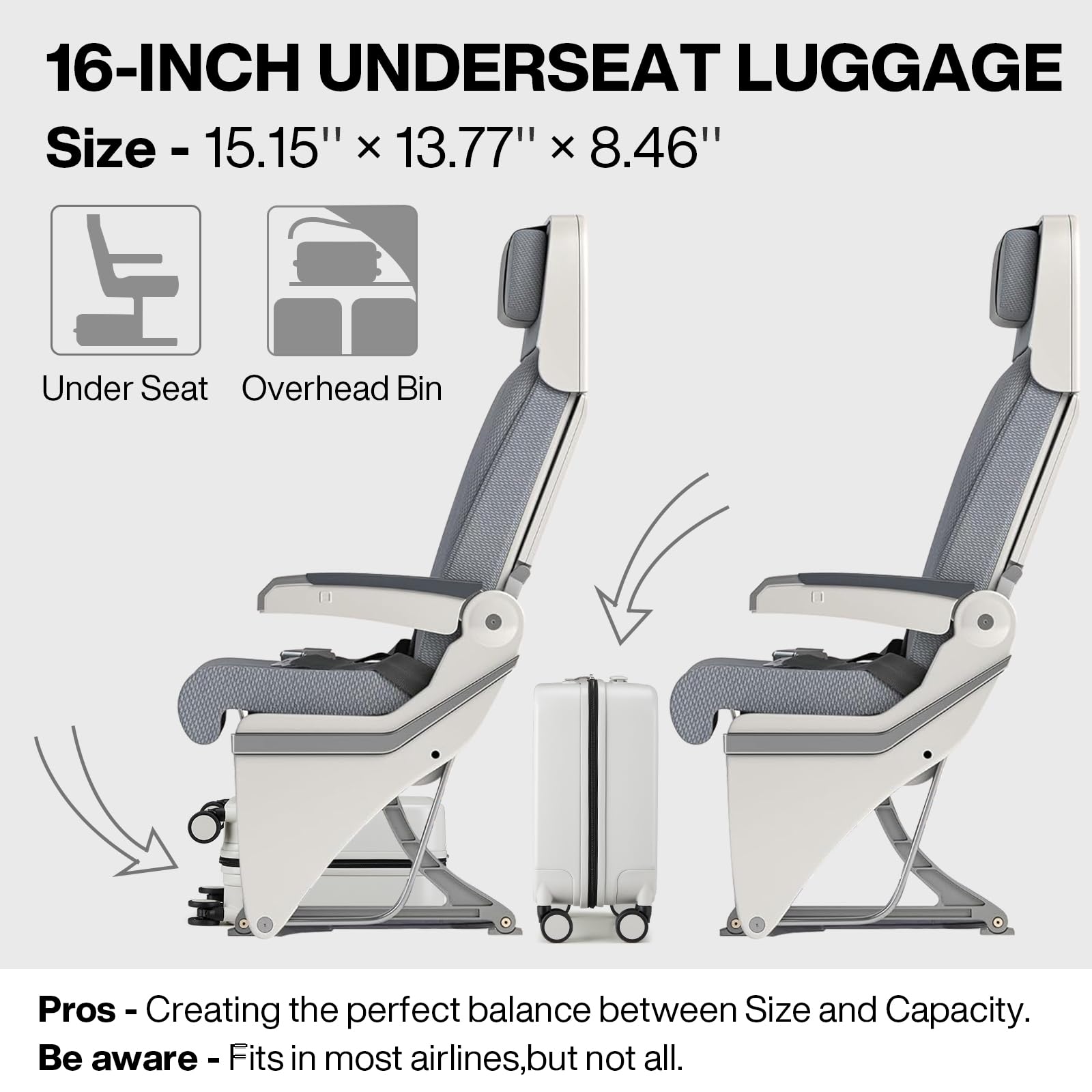 Mixi 16 Inch Carry On Luggage - Underseat Hardshell PC Suitcase with 360° Spinner Wheels & TSA Lock, Lightweight Smoke White Travel Suitcase for Airplane, Business Trip & Weekend Getaways