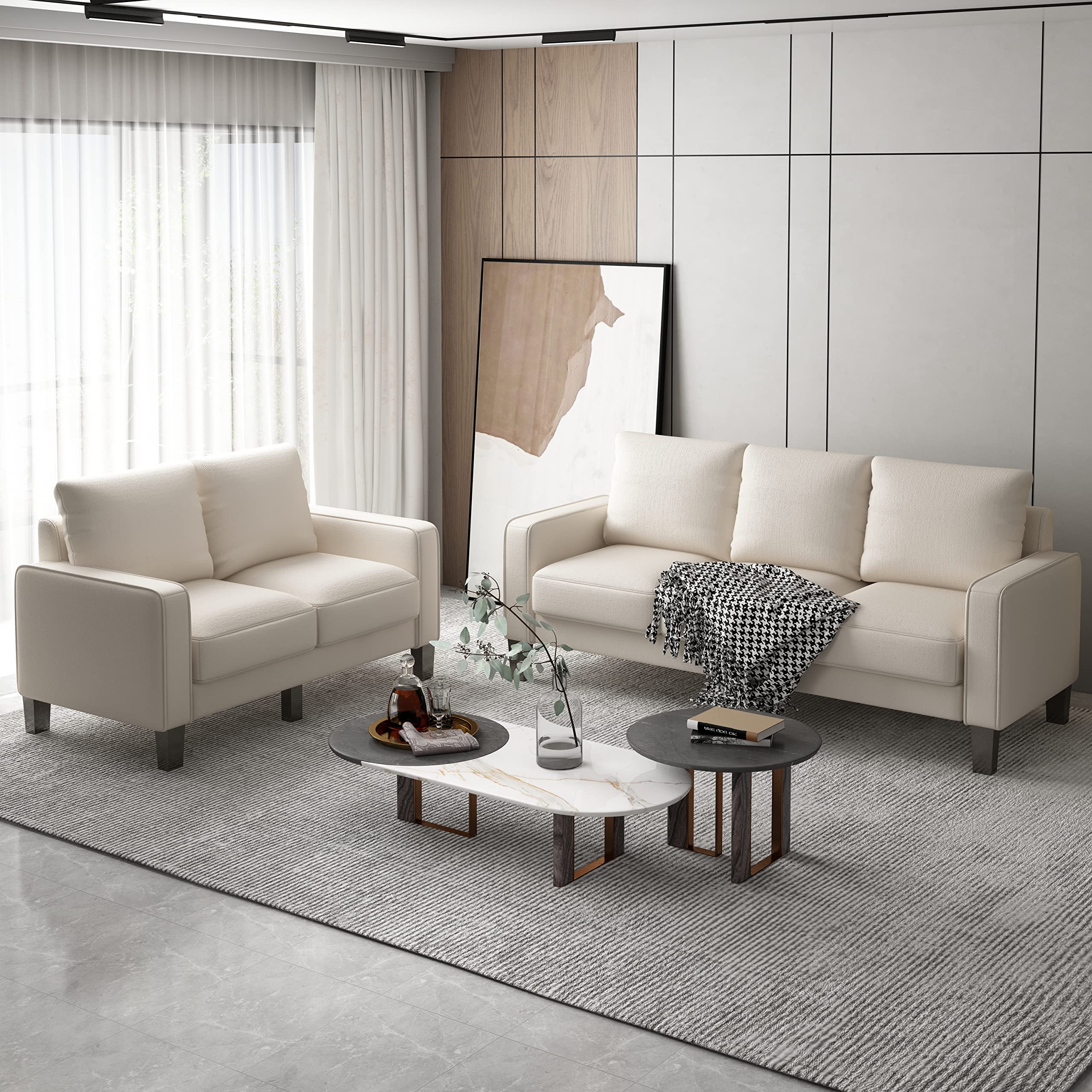 Harper & Bright Designs 2-Piece Modern Upholstered Sofa Set with Storage Box - 3-Seat Couch and Loveseat for Living Room, Bedroom, Apartment (Beige) | Space-Saving Furniture for Small Homes & Cozy Family Gatherings