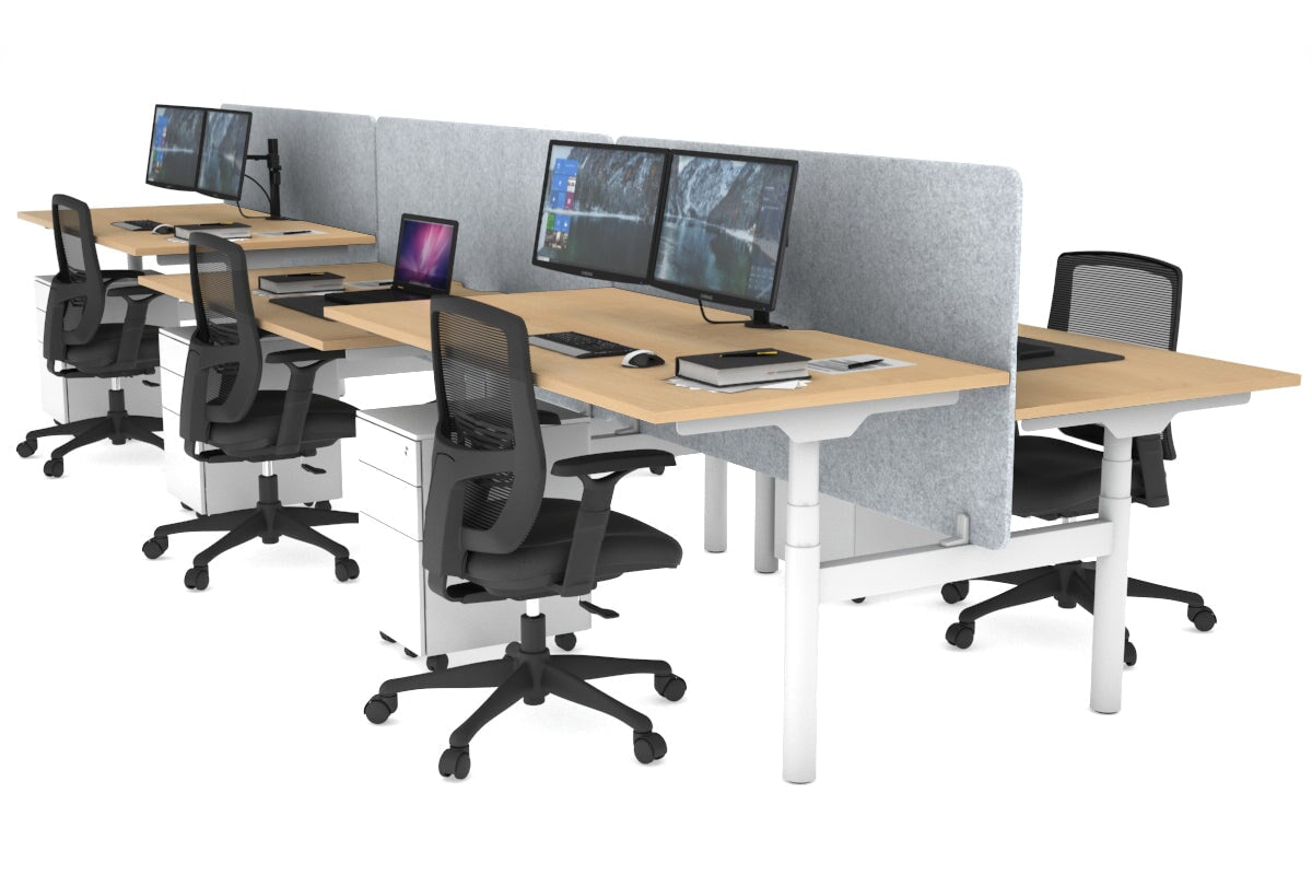 Flexi Premium Height Adjustable 6-Person Office Workbench | White Frame H-Shaped Desk [1400L x 800W with Cable Management] for Collaborative Workspaces & Open Office Environments