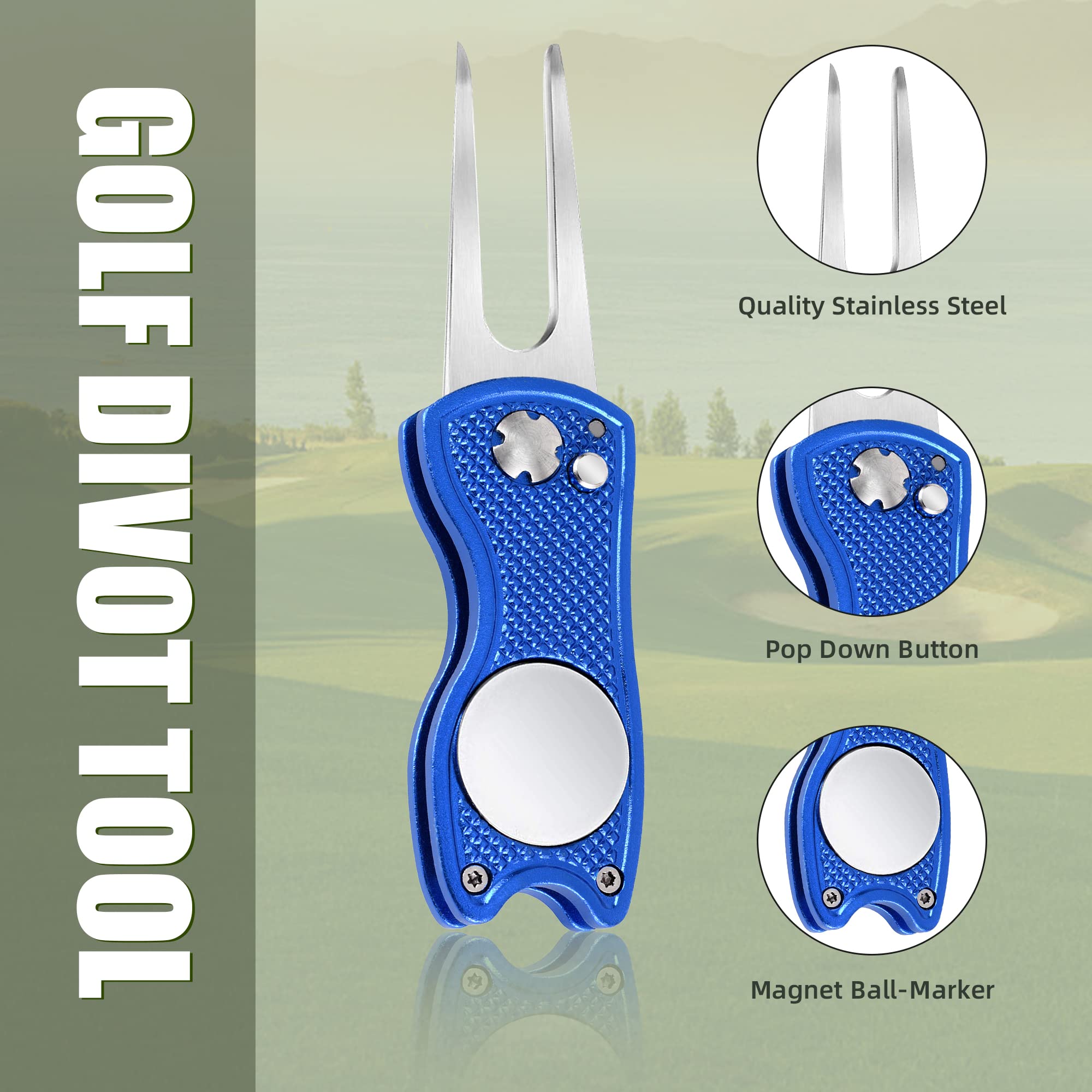 Premium Golf Divot Repair Tool - All Metal Foldable Design with Pop-Up Button & Magnetic Ball Marker (2-6 Pack) | Perfect for Golf Course Greens, Practice Putting & Tournament Play
