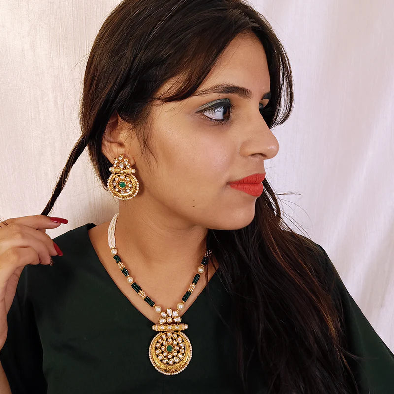Luxury Gold Plated Royal Kundan Ruby Beads Pendant Necklace Set (D437) - Perfect for Weddings, Parties & Special Occasions