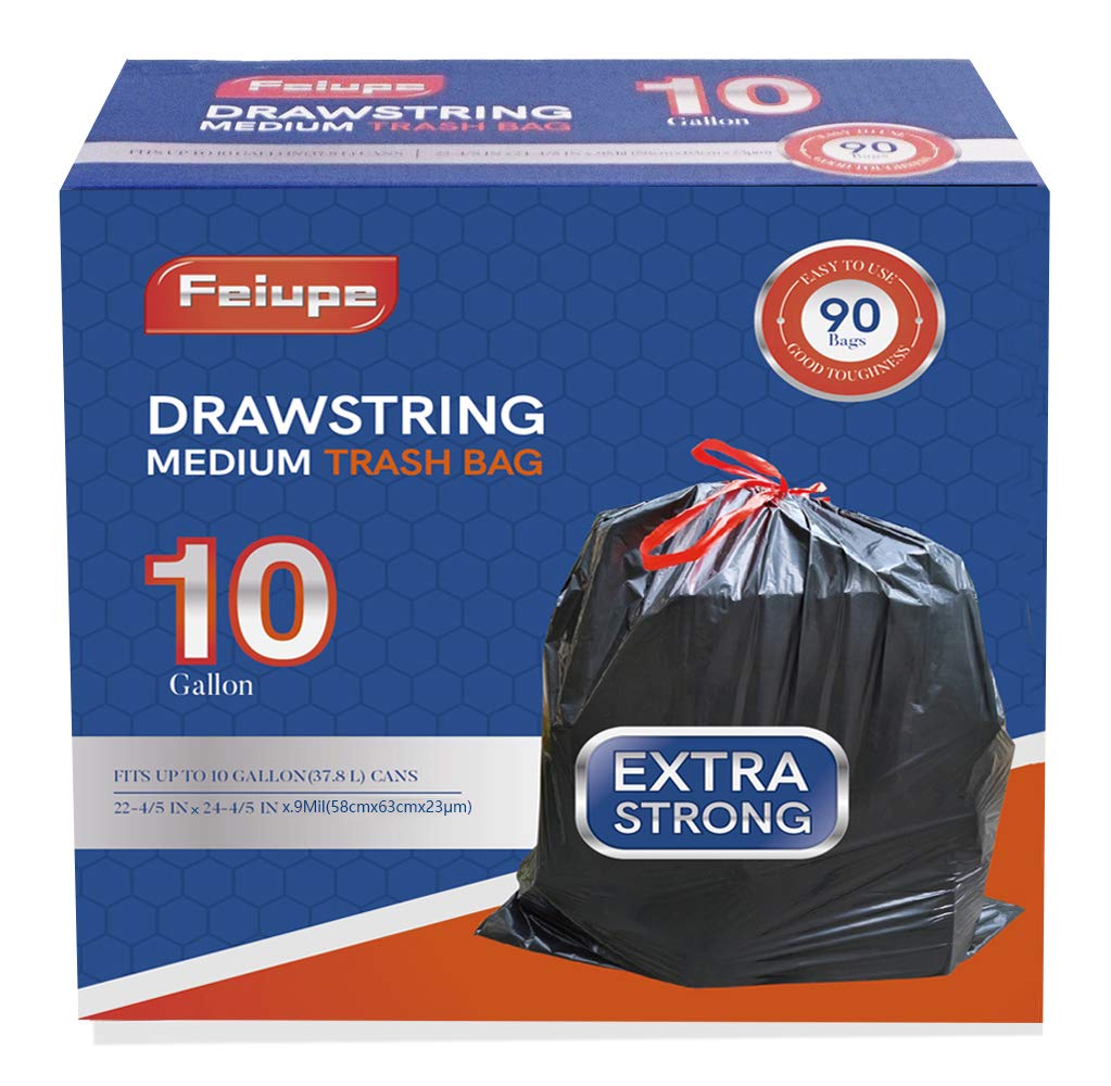 10 Gallon Drawstring Trash Bags - 90 Count Heavy Duty 0.9 Mil Garbage Can Liners for Kitchen, Bathroom & Office Waste Bins - Black (10 Gal) - Perfect for Home, Commercial & Outdoor Use