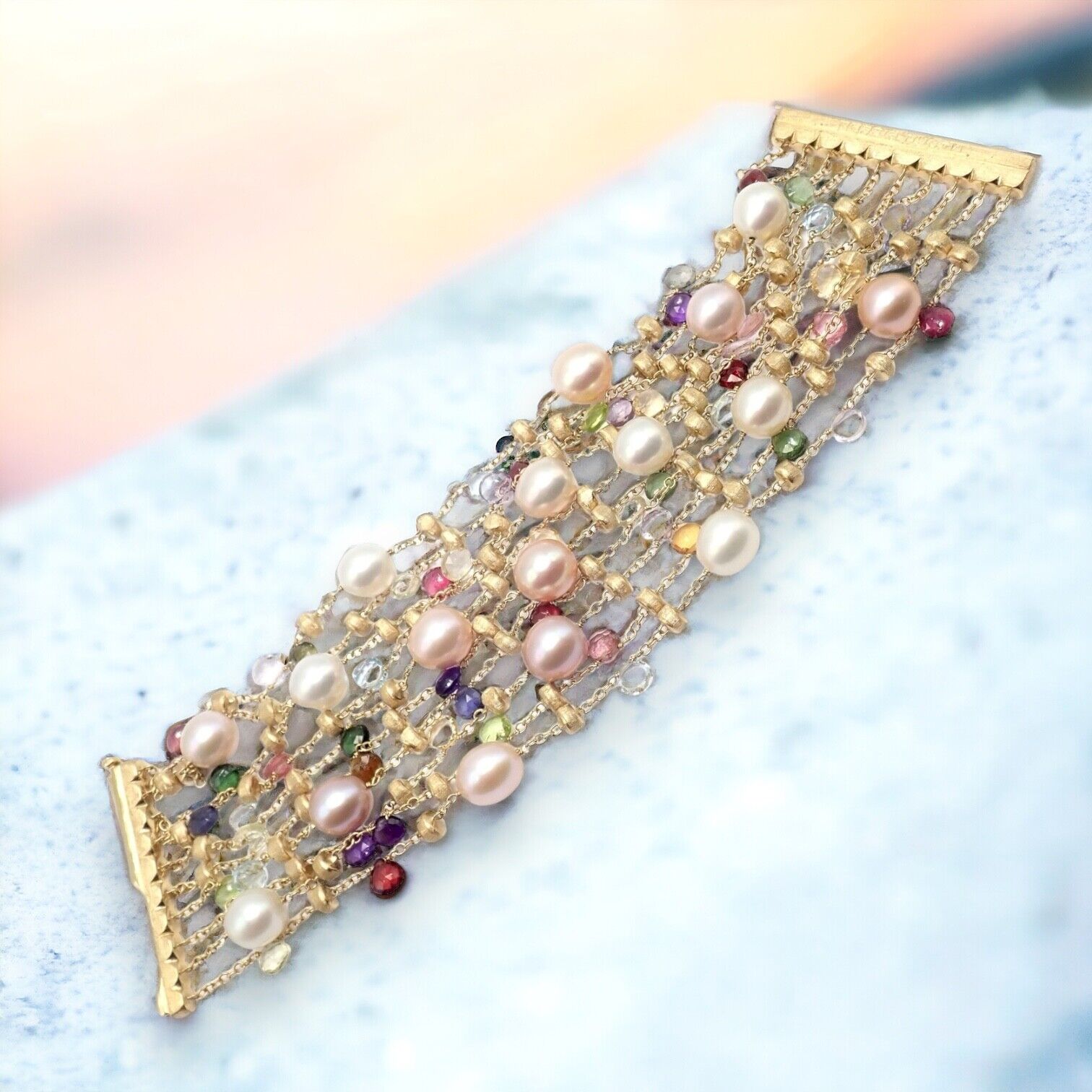 Marco Bicego 18k Yellow Gold Pearl Bracelet with Multicolor Gemstones - Elegant Jewelry for Women, Perfect for Weddings, Parties & Special Occasions