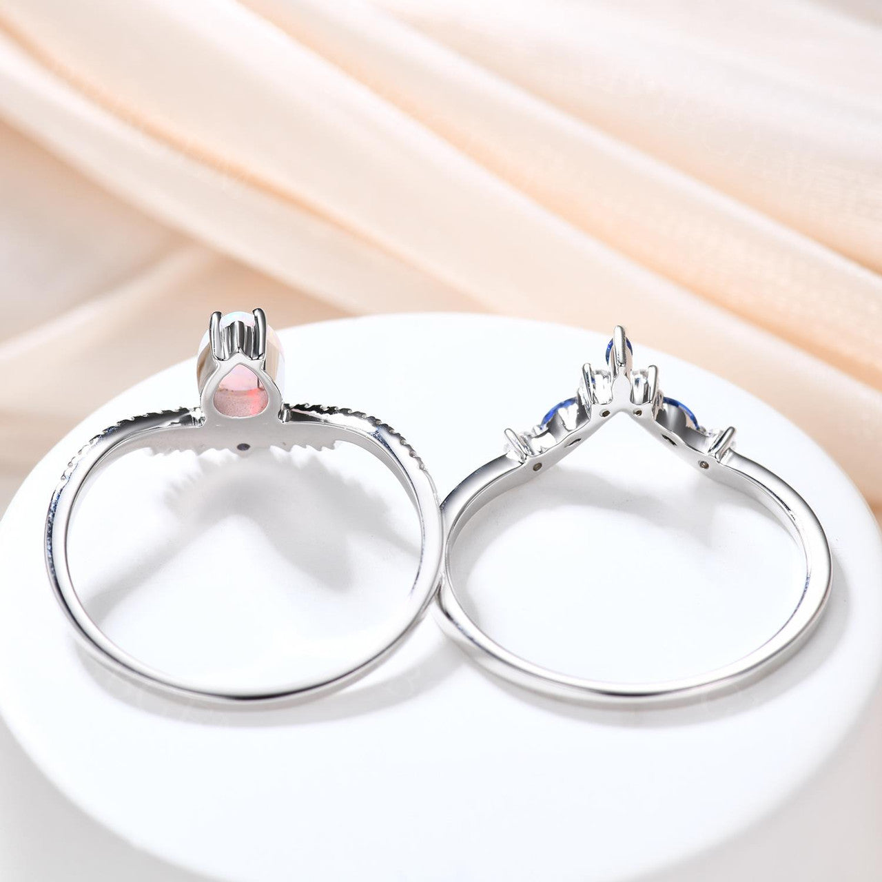 Pear Shaped Opal Engagement Ring with Diamond Accents & Blue Sapphire Wedding Band - Stackable Bridal Set for Proposal, Anniversary & Special Occasions