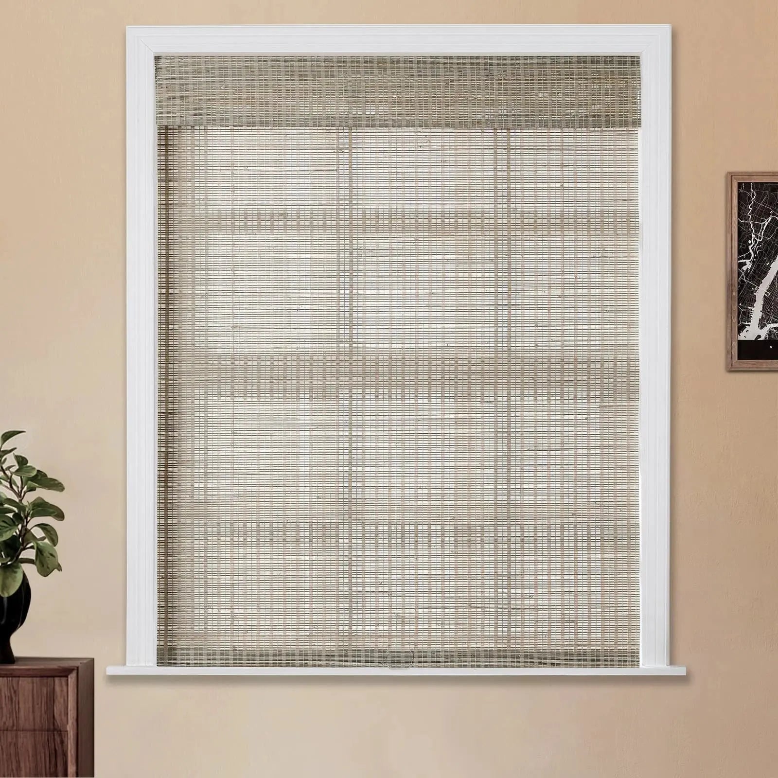 Natural Ramie Bamboo Woven Window Shade - Woodsmoke Color | Eco-Friendly Room Darkening Window Treatment for Living Room & Bedroom