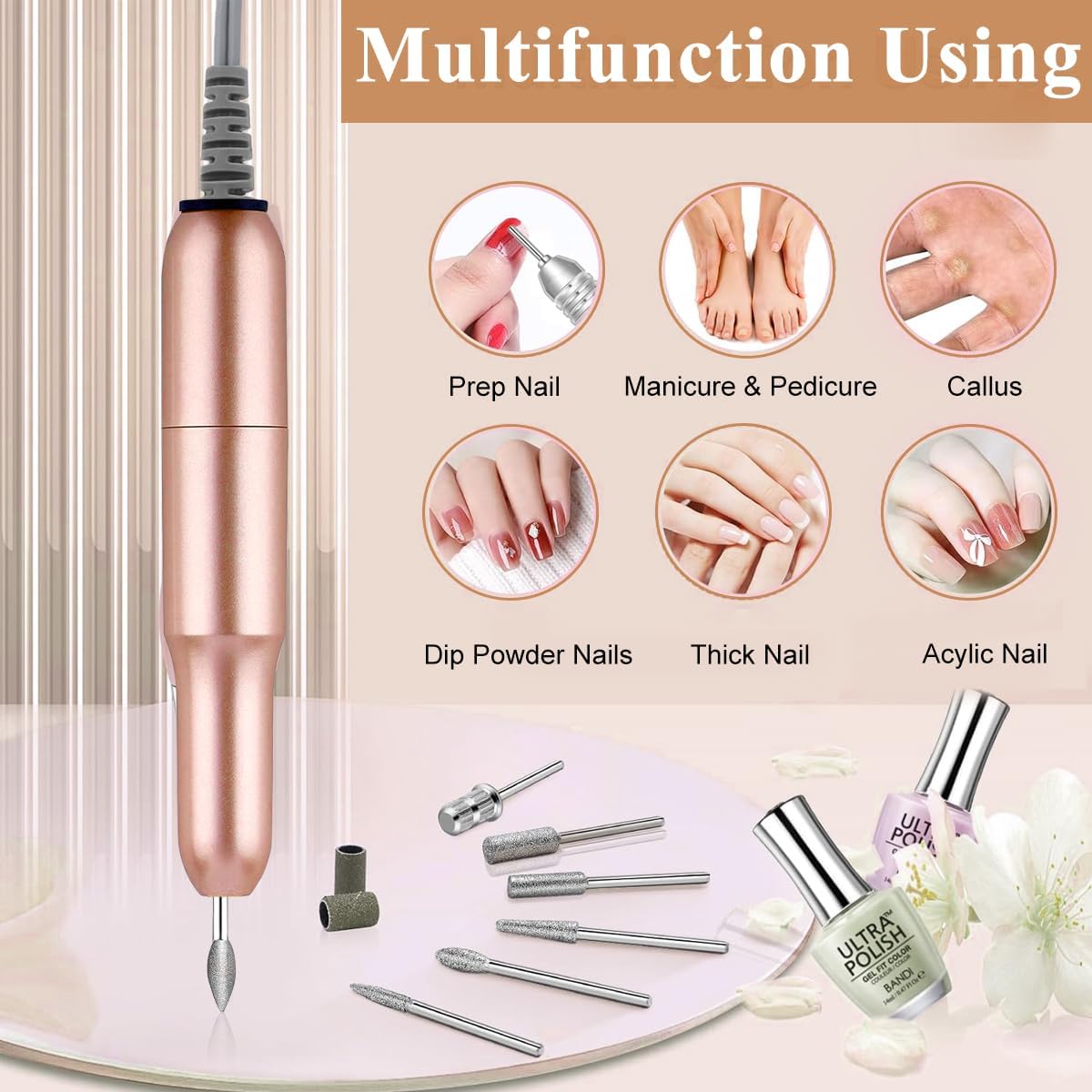 Professional Electric Nail Drill Kit - Kreni Cordless Nail File Machine with 6 Drill Bits & Sanding Paper for Salon & Home Manicure Pedicure | Perfect for Nail Art, Acrylics & Gel Polish Removal | Portable Nail Care Tools for DIY & Professional Use