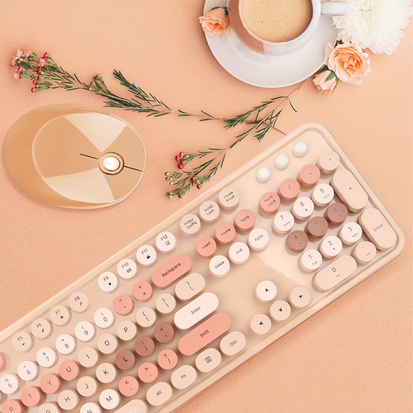 Retro Typewriter Keyboard & Mouse Combo - 104 Keys Ergonomic for Office, Gaming (Milk Tea)