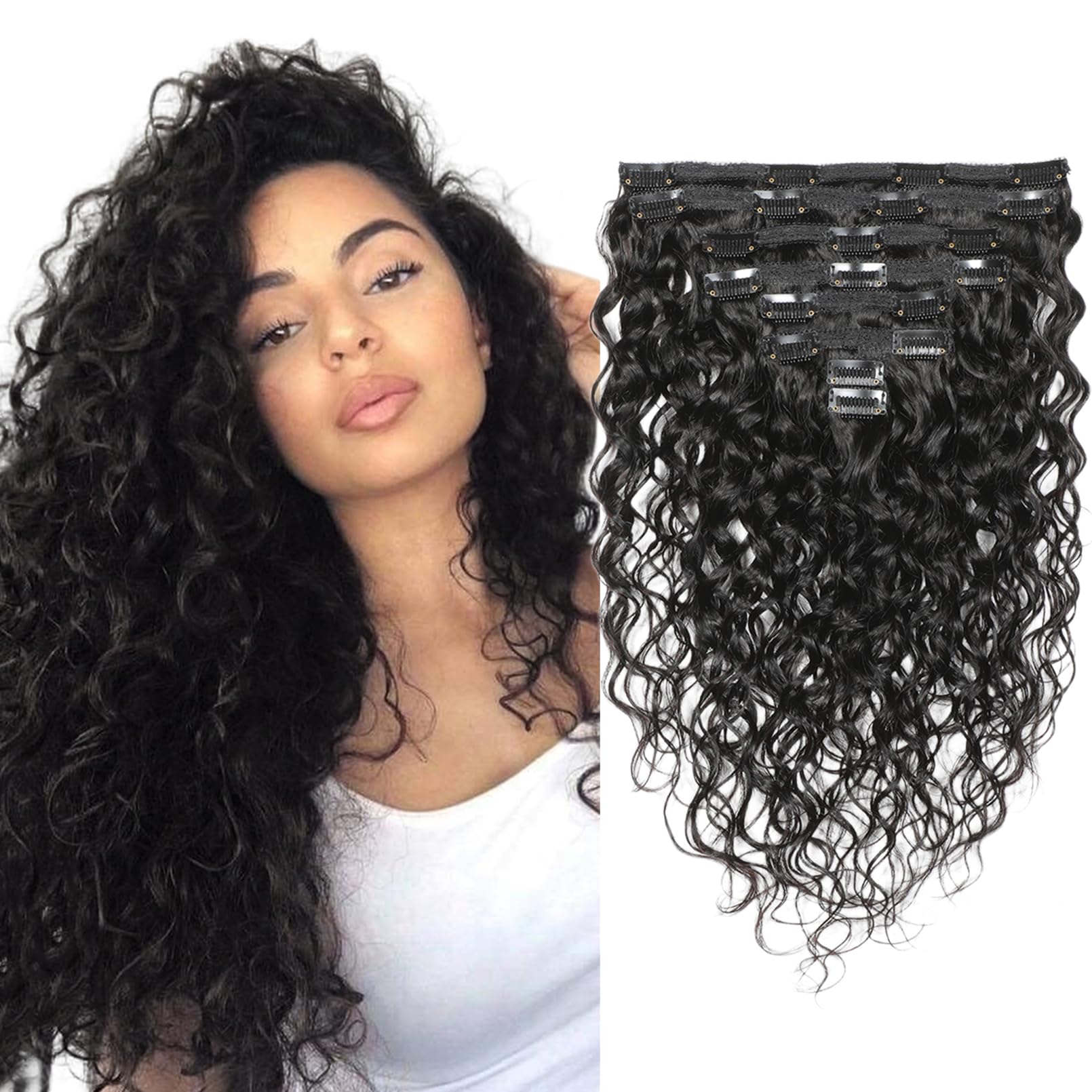 8Pcs 20Clips 120g Brazilian Virgin Remy Human Hair Extensions - Deep Curly Wavy Clip In Hair for Women, 16 Inches Natural Color | Perfect for Daily Styling, Parties & Special Occasions