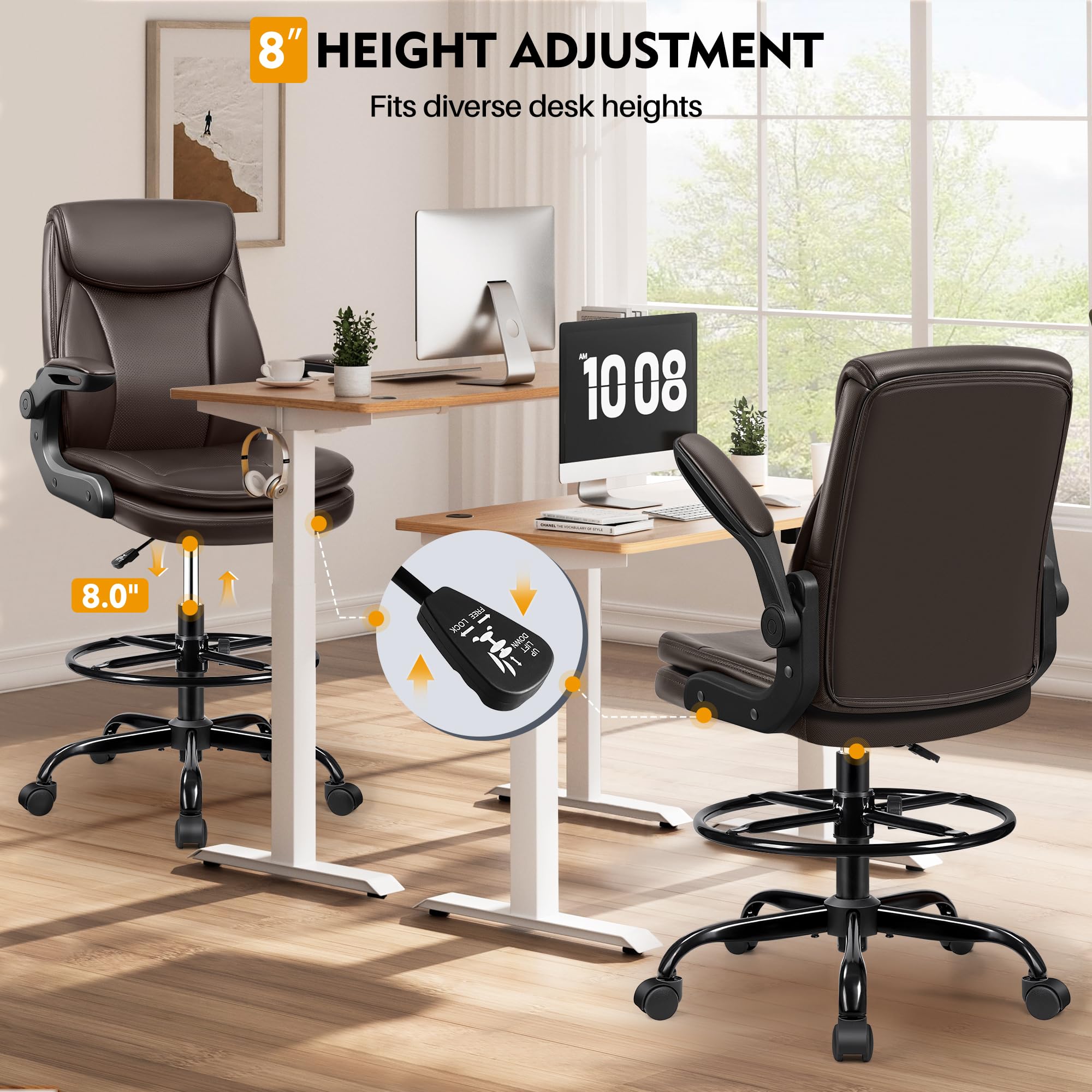 Ergonomic Drafting Chair - Adjustable Height Leather Office Chair with Flip-Up Armrests & Foot Ring - Lumbar Support for Home, Office & Studio - Comfortable Executive Desk Chair (Brown) - Perfect for Architects, Artists & Long Work Sessions