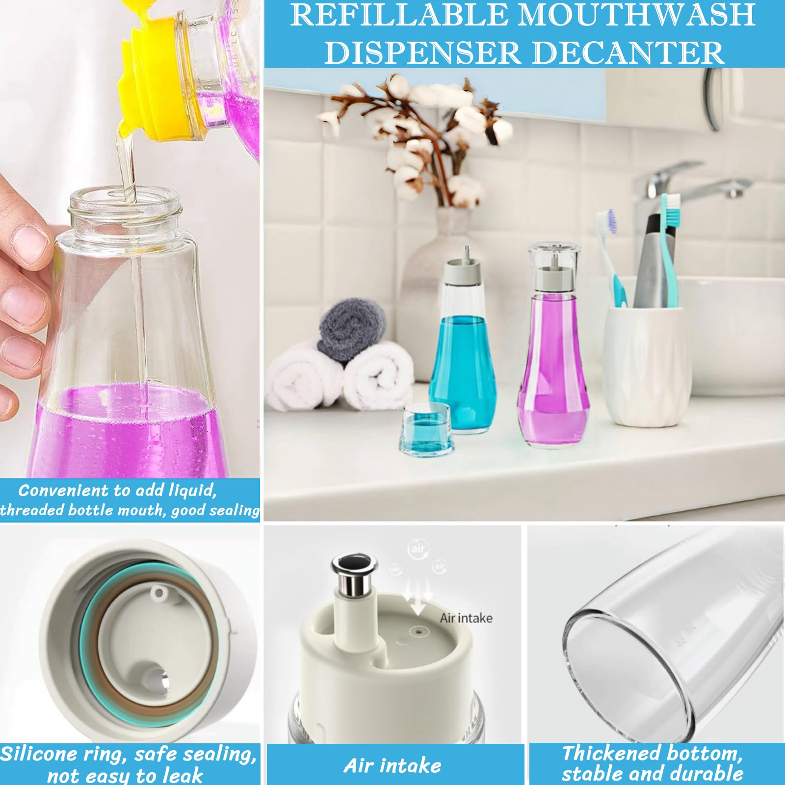 1 Pack 8.8oz Clear Glass Mouthwash Dispenser with Lid Cup - Refillable Bathroom Mouth Wash Container Bottle for Countertop, Vanity & Travel - Includes 4 Pcs Labels (Perfect for Home, Hotel & Office Use)