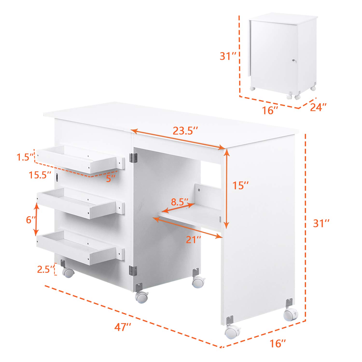 Usinso Folding Sewing Table with Storage Shelves - Multifunctional Rolling Sewing Machine Cart, Craft Cabinet & Portable Computer Desk with Lockable Casters (White) | Perfect for Home Sewing Projects, Quilting & Craft Rooms