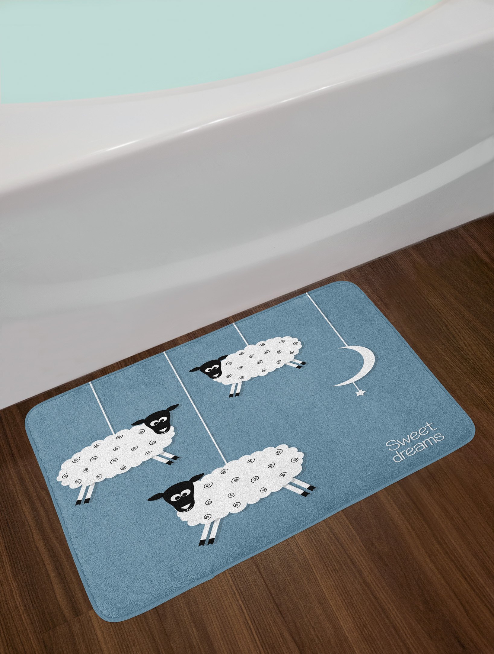 Ambesonne Non-Slip Plush Bath Mat - Star & Crescent Moon Sleeping Sheep Design, Slate Blue Black White, 30.2