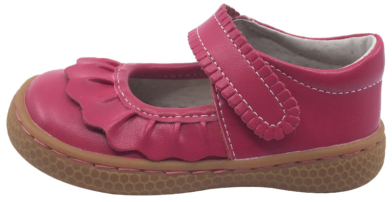 Livie & Luca Girls' Hot Pink Smooth Leather Mary Jane Shoes with Ruffles & Hook-and-Loop Strap - Comfortable Flat Shoes for School, Parties & Special Occasions