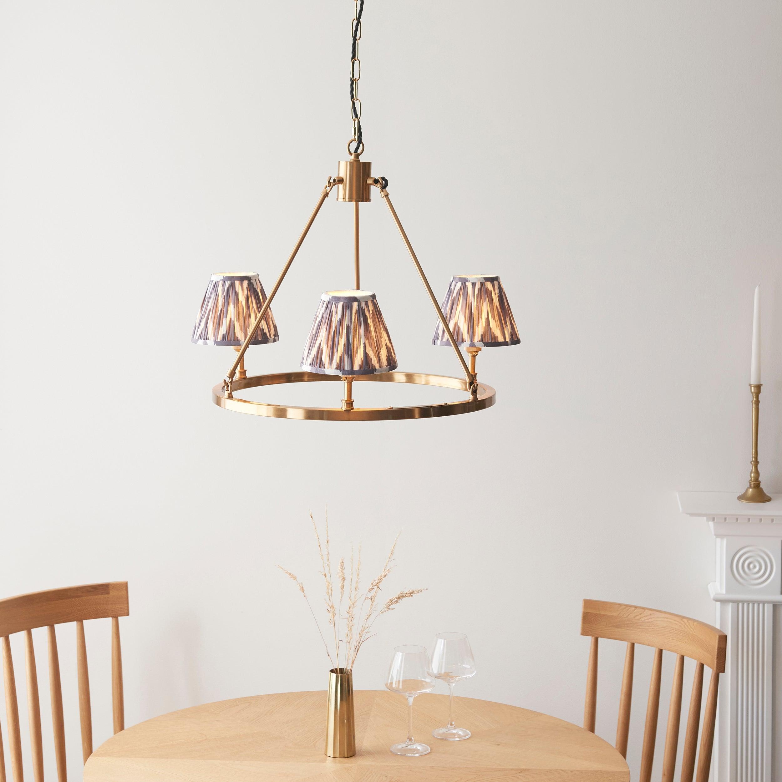 Chester Brass Ceiling Pendant Light with Grey Zigzag 16cm Shades - Vintage Industrial Lighting for Kitchen Island, Dining Room & Bedroom