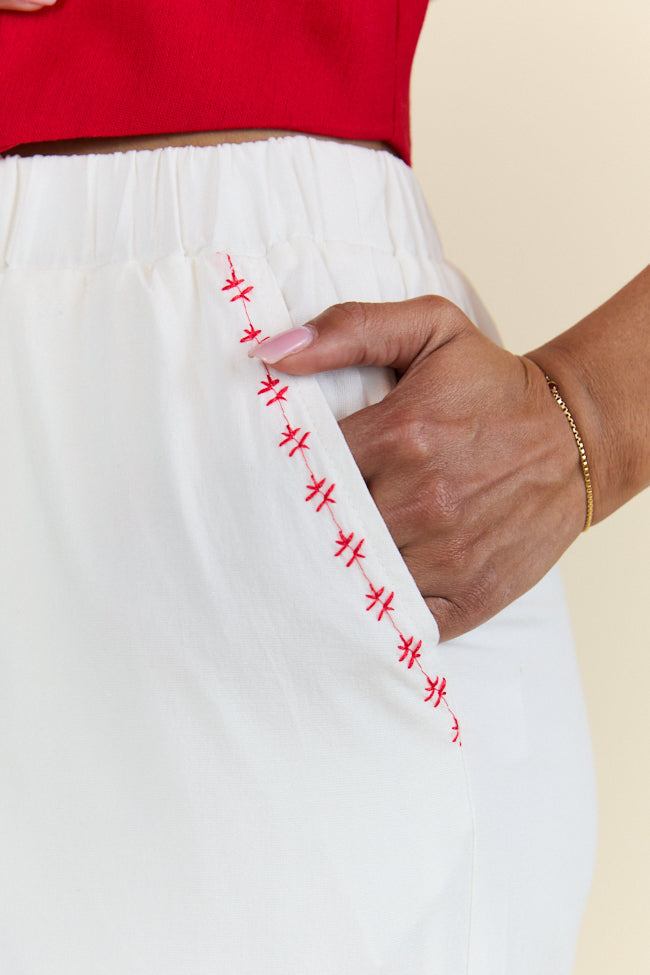 Just Feels Right Off-White Embroidered Pants for Women - High Waisted Comfort Stretch Fabric - Limited Time Final Sale | Perfect for Casual Outfits, Streetwear & Summer Fashion