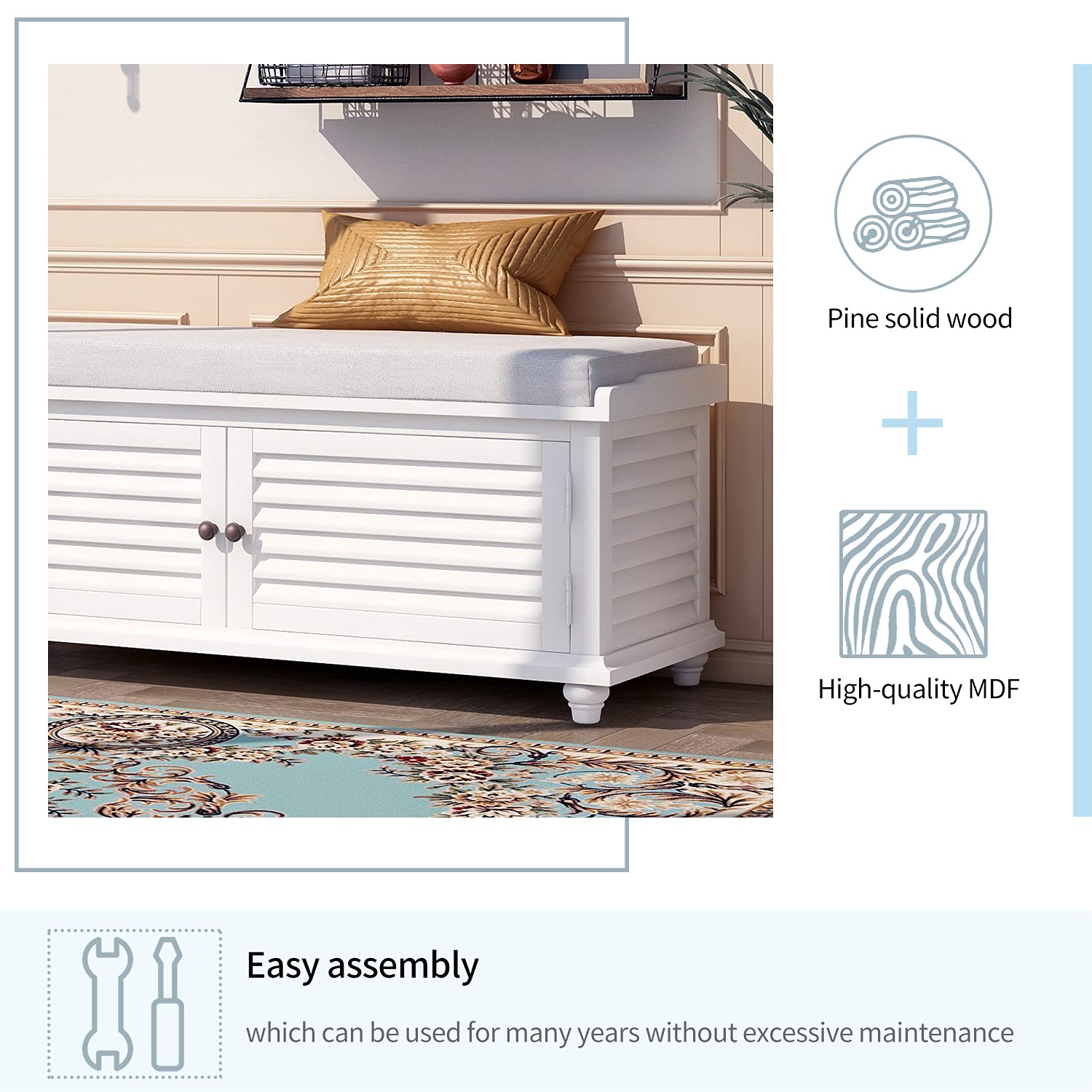 HomVent Storage Bench with 2 Doors & Removable Cushion - Entryway Shoe Bench for Hallway, Living Room, Bedroom - Supports 168 lbs - Perfect for Small Spaces, Entry Storage & Shoe Organization
