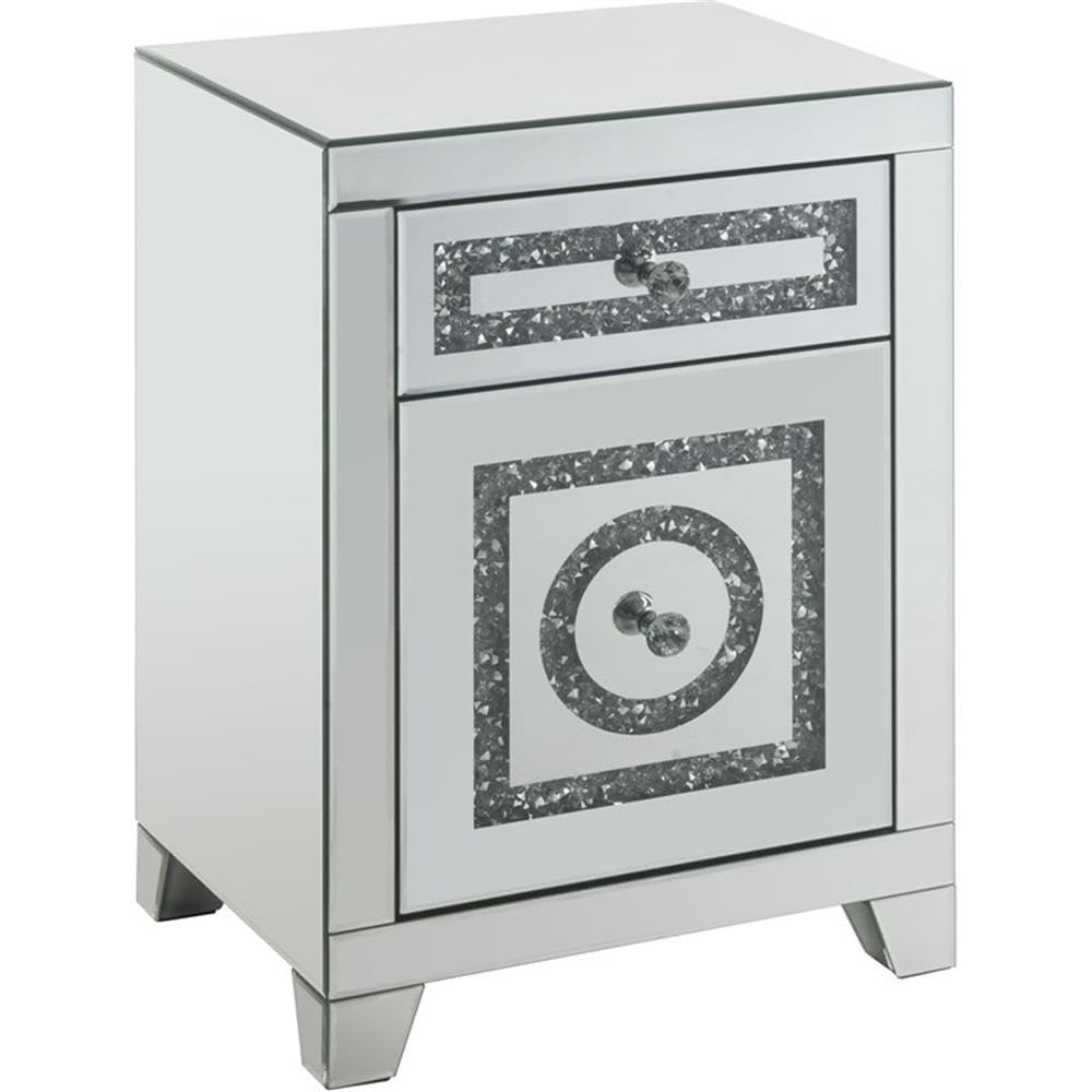 Acme Noralie Glass Accent Table with 2 Drawers - Elegant Mirrored Finish & Faux Diamond Decor | Perfect for Living Room, Bedroom, or Entryway Decor