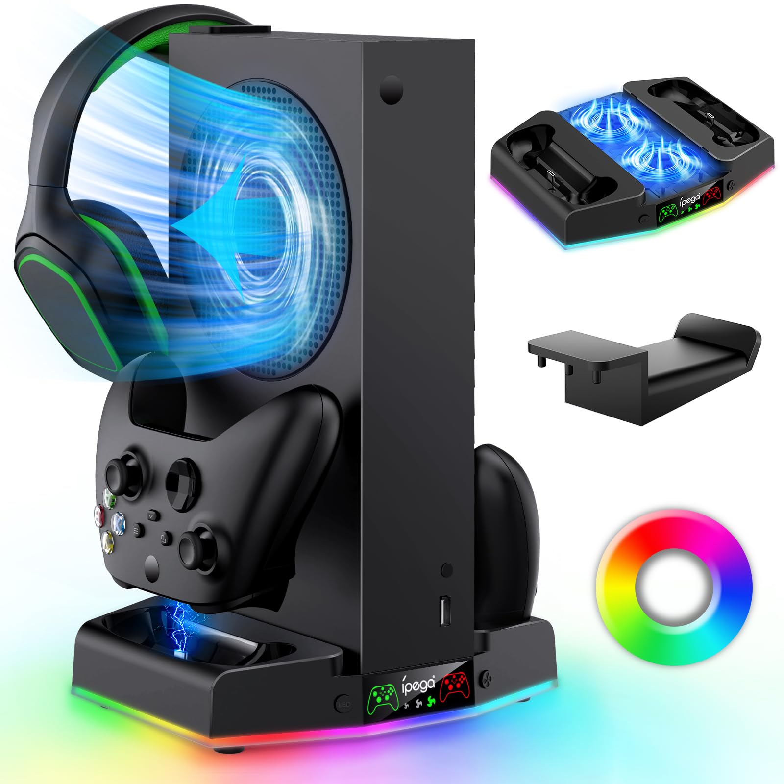 Upgraded Cooling Fan Stand with Charger Station for Xbox Series S | Controller Charging Dock, RGB Cooling System (15 Colors) & Headset Hook | Perfect for Gaming Setup & Console Protection