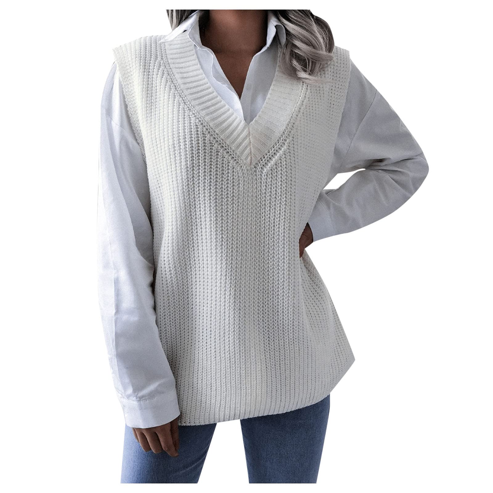 Women's V Neck Knit Sweater Vest - Oversized Casual Pullover for Layering