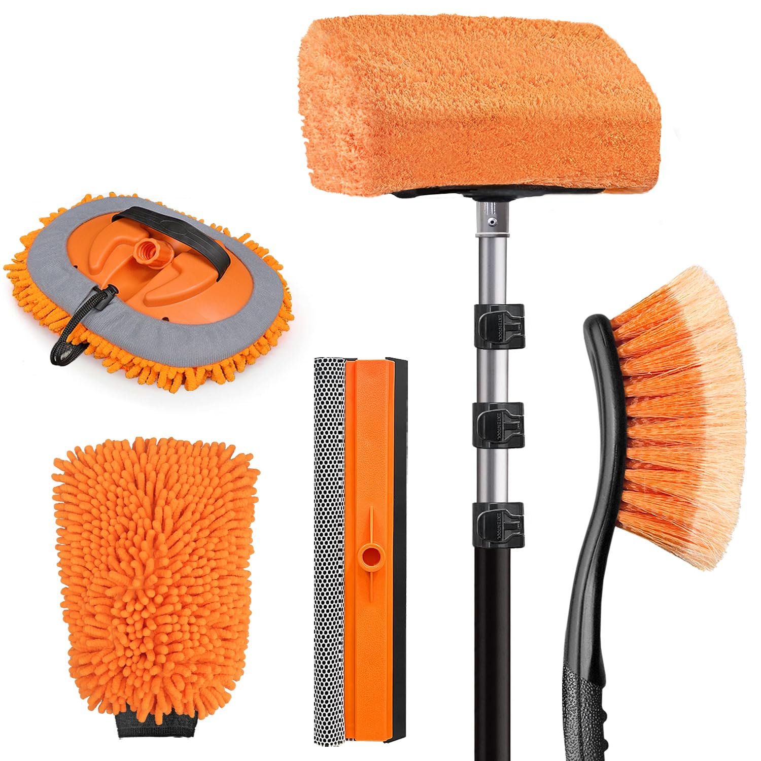 4-12ft Car Cleaning Kit - Ultimate RV & Truck Washing Set with Soft Wash Brush, Tire Brush, Window Squeegee, Wash Mitt & Microfiber Head | Heavy-Duty Aluminum Extension Pole | Perfect for RV, Truck, SUV & Home Vehicle Washing