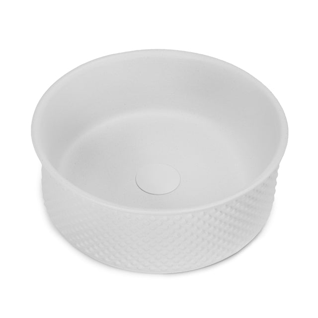 380mm Round Above Counter Diamond Embossed Bathroom Sink - Matte White Textured Surface for Modern Vanity and Powder Room