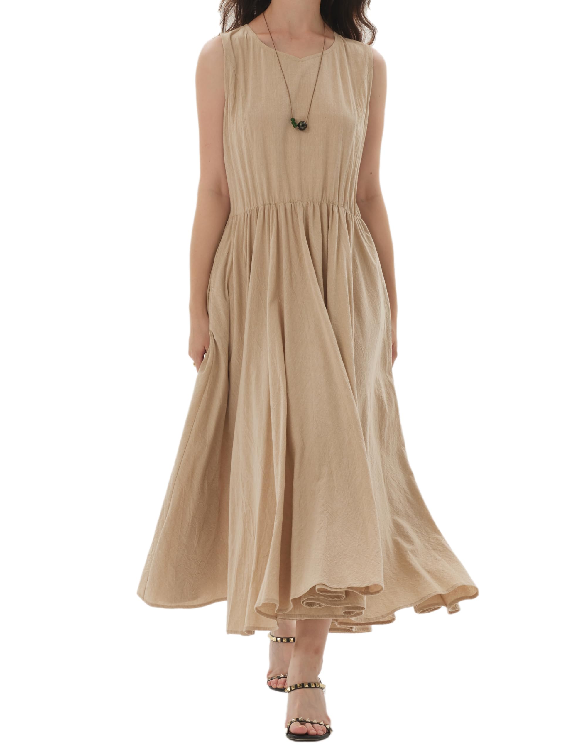 Elegant Women's Linen Maxi Dress - Sleeveless Solid Color Loose Fit Summer Dress (Size S, Natural Linen) for Beach, Vacation & Casual Outings